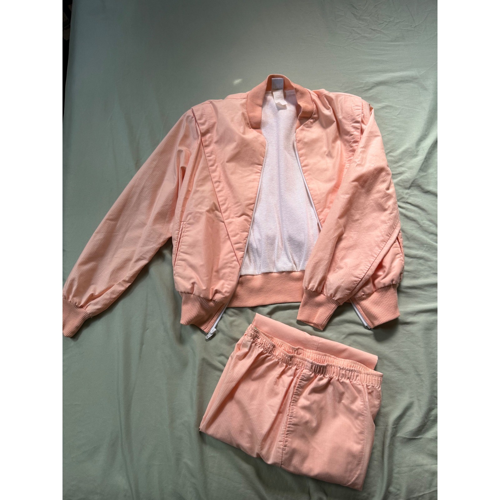 Vintage 80s Peach Tracksuit Set Retro Jacket & Pants Soft Pastel Athleisure XS