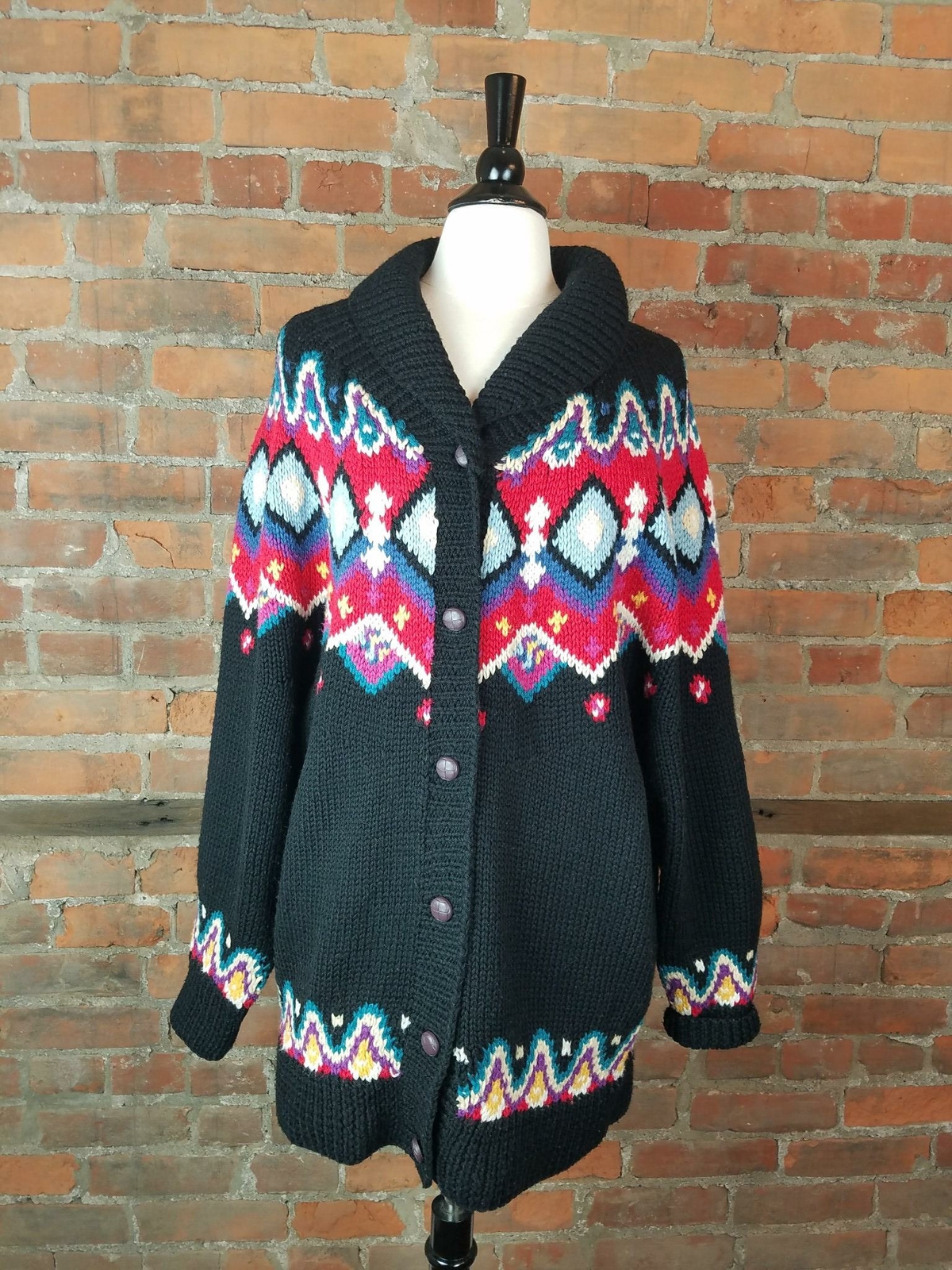 VTG 1990s Women’s Cardigan Sweater Black w/Multi Color Bright Print Size M