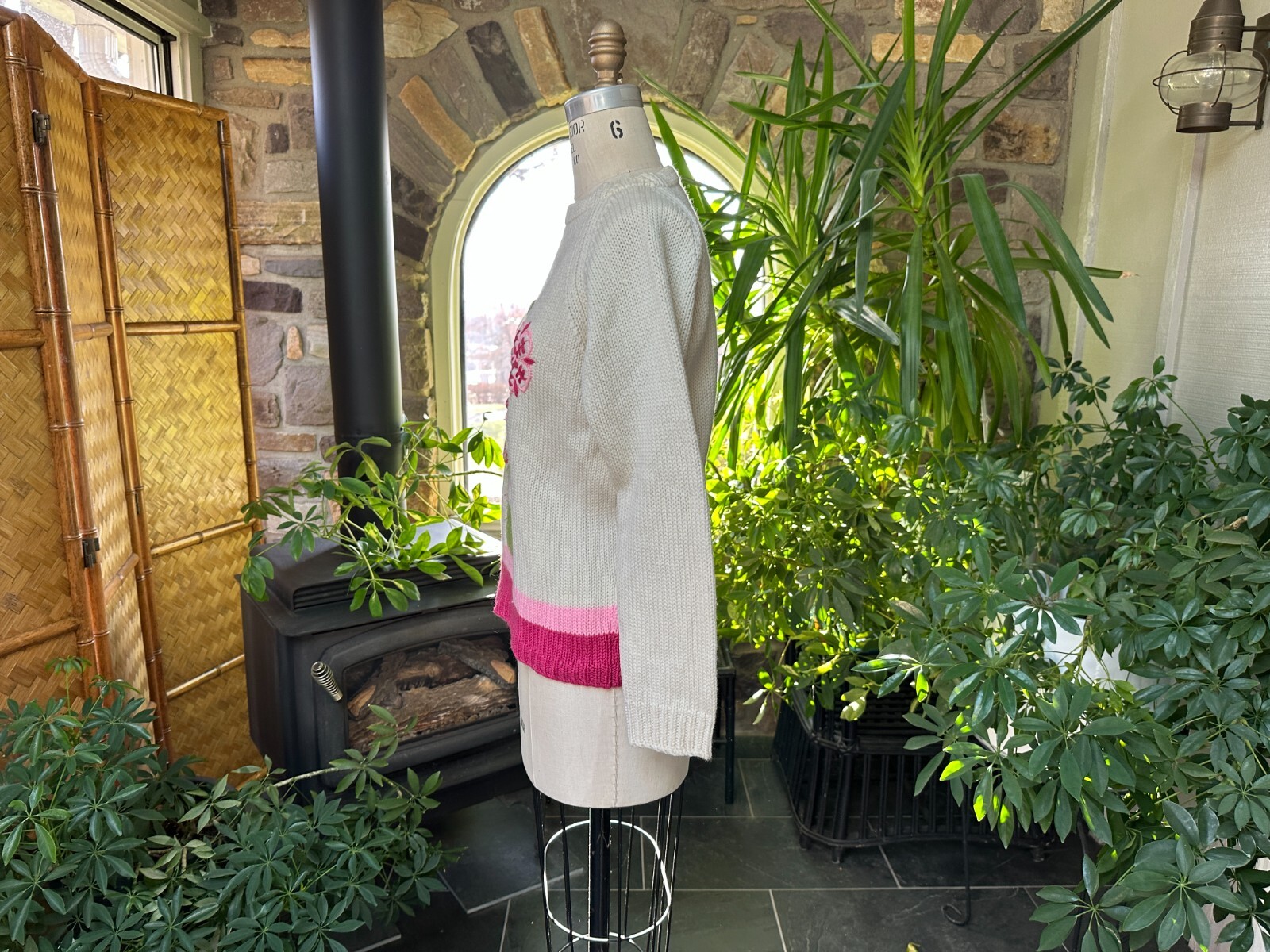 Vintage 1970s Ivory and Pink Embroidered Wool Crewneck Sweater