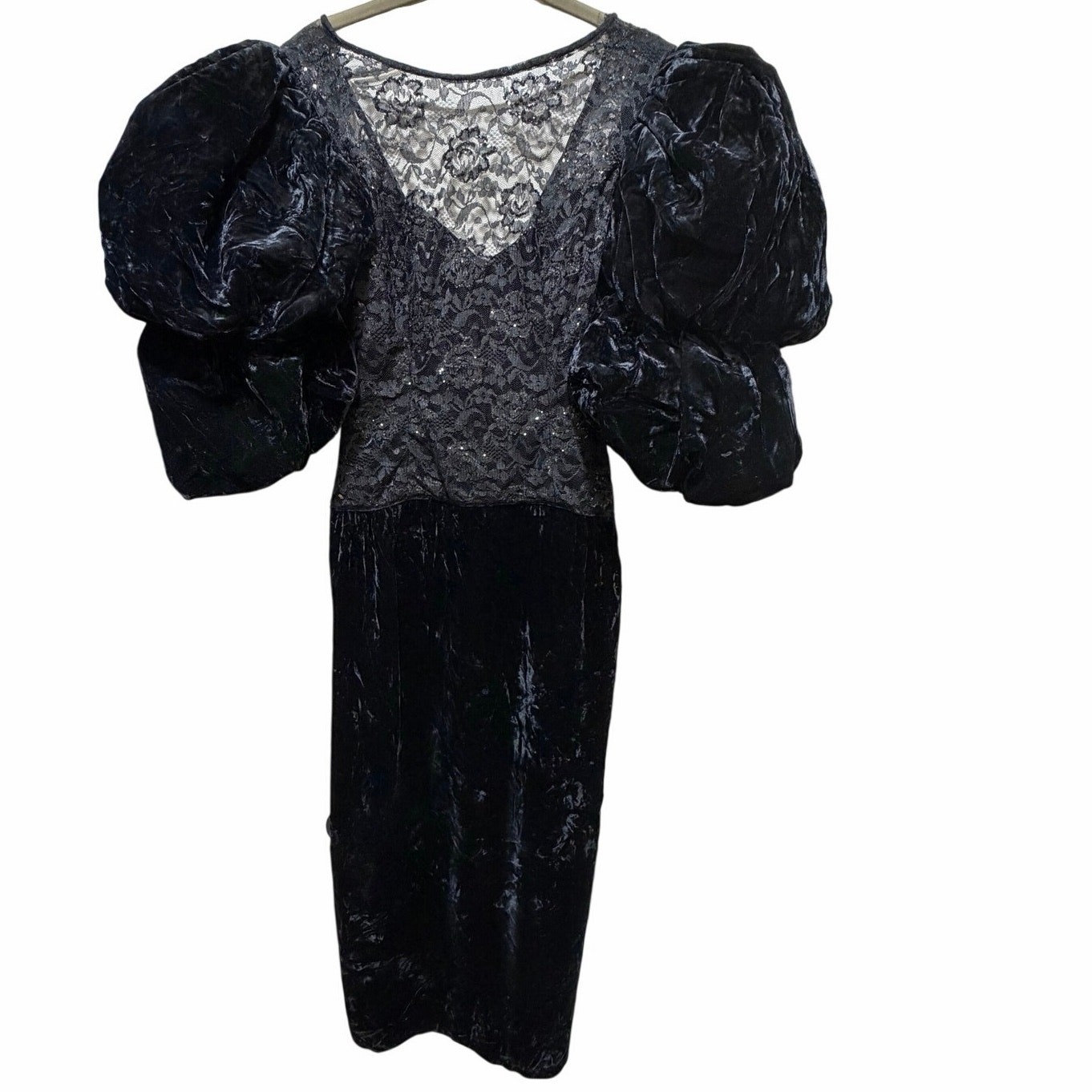 VTG 80s XS Victorian Velvet Lace Puff Sleeve Maxi Gown Whimsigoth Gothic Dress