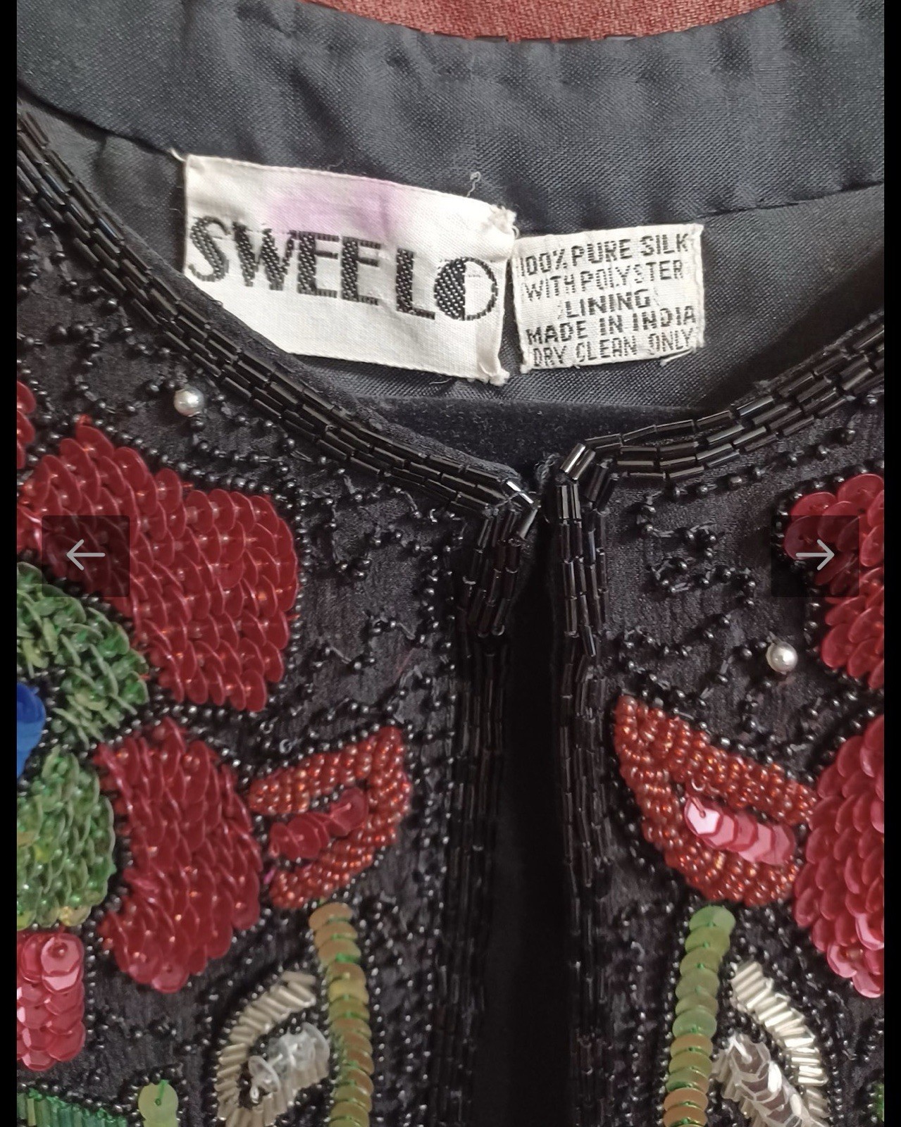 Vintage SWEELO Pure Silk Hand Beaded Sequin Black Evening Jacket Women’s S/M