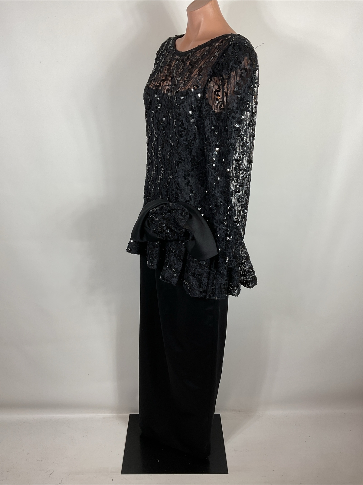 80s VTG Black Sequin Satin Sleeve Prom Party Formal Dress Long Sleeve M/L Bow