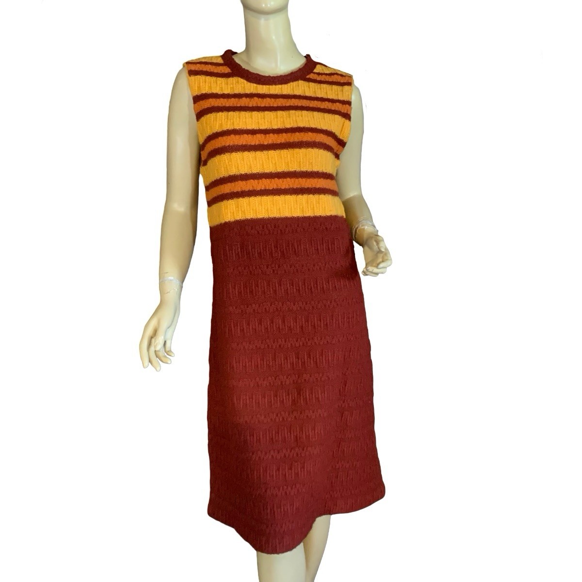 VINTAGE CIRCA 1970’S BEELINE YELLOW & BROWN CABLE KNIT SWEATER DRESS SIZE APPX L