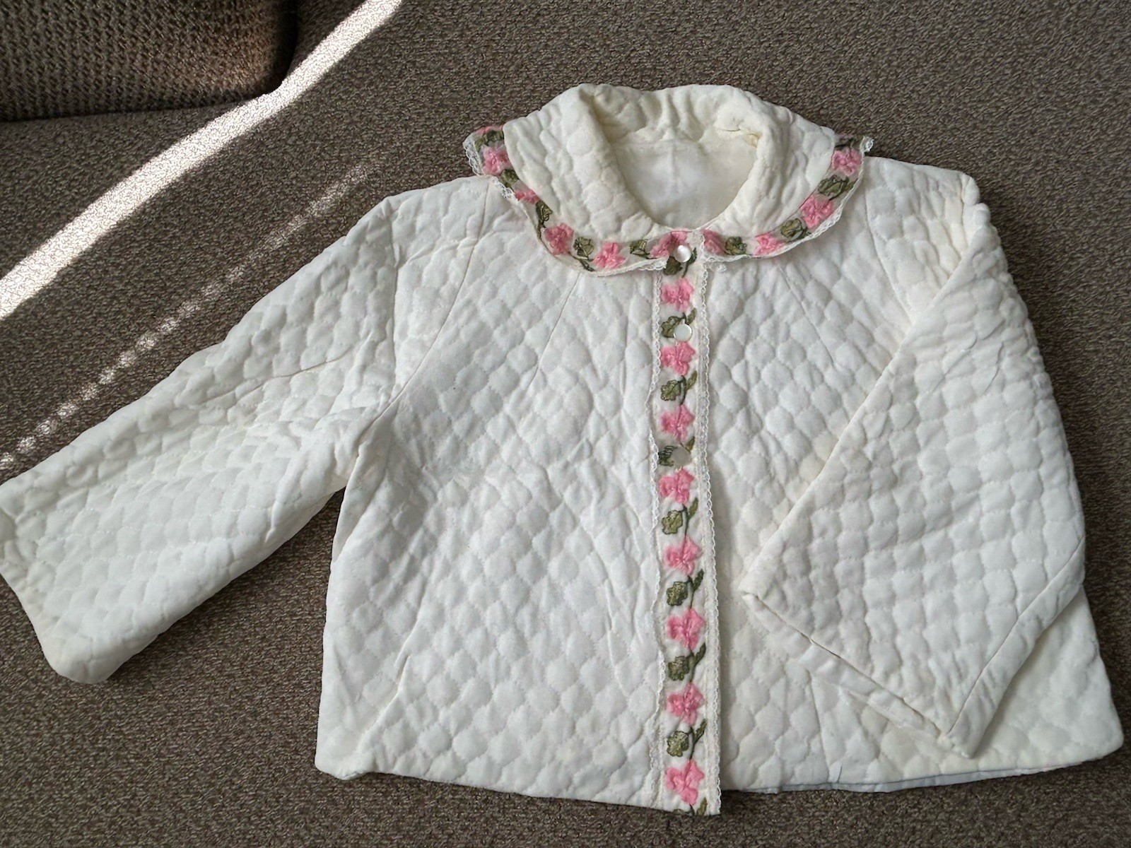 Vintage White Quilted Jacket with Pink Flowers On Lace Appears To Be Small