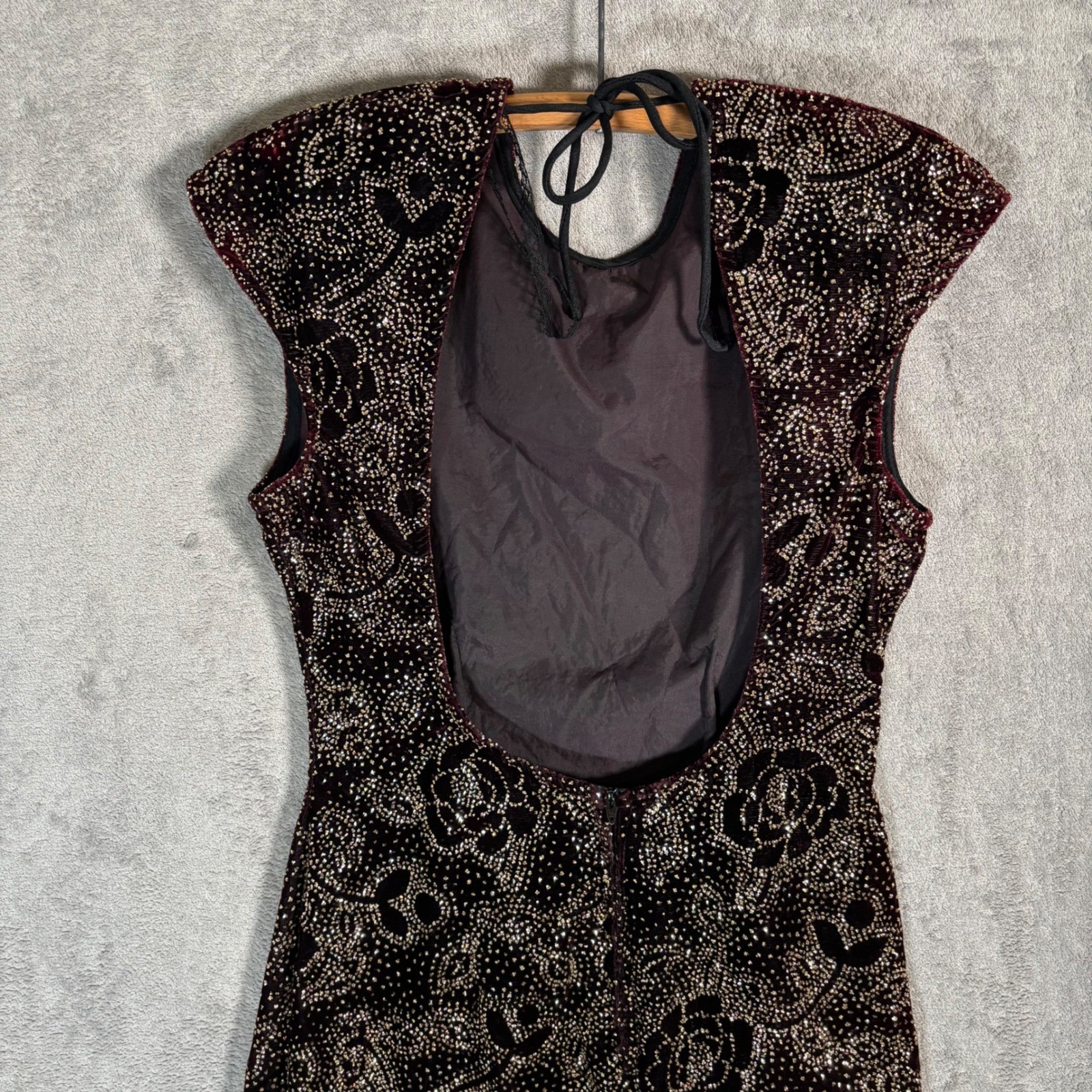 Climax Karen Okada Vintage 90s Open Back Glitter Floral Bodycon Dress Burgundy S