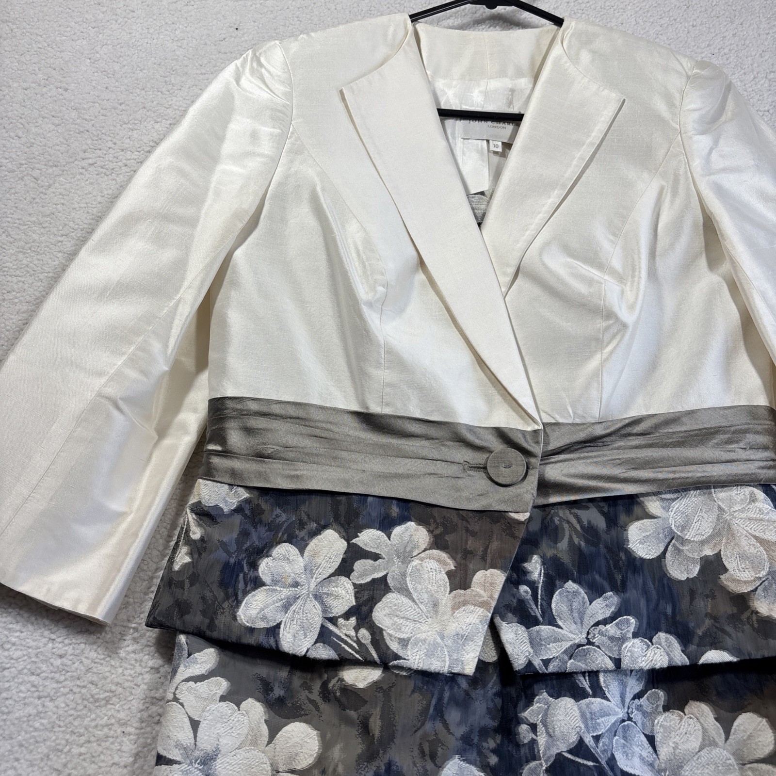 John Charles MOTB Silk Dress & Jacket Suit Grey Blue Ivory Women’s Size 10