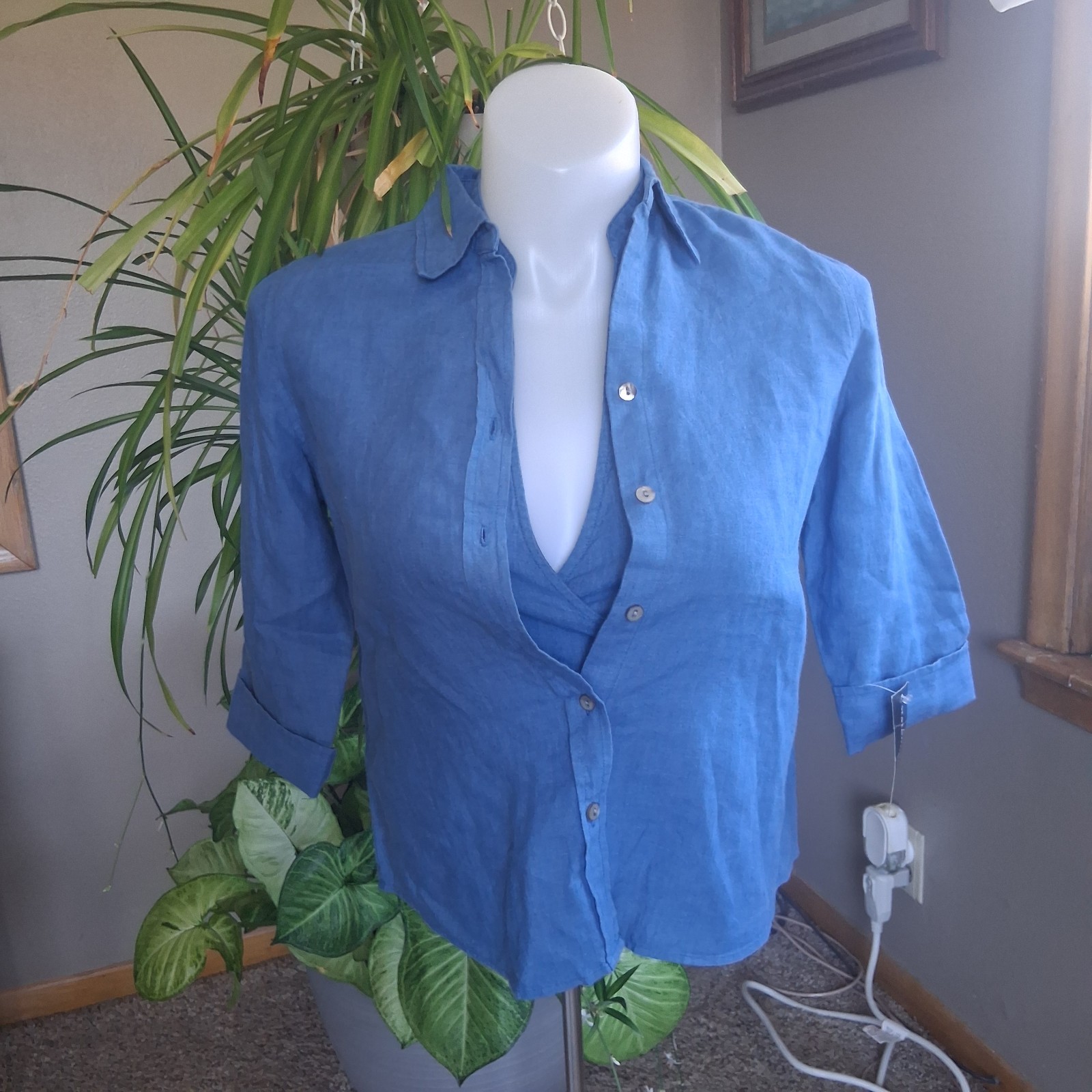 Vintage 2Pc 100% Linen Wrap Top Cardigan Set NWT Blue 8P European Summer Coastal