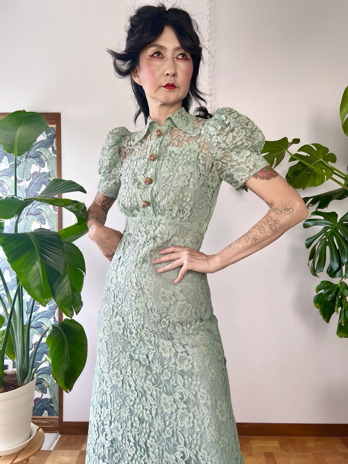 1930s Seafoam Green Floral Sheer Lace Puff Sleeves Gown Dress XS/S Old Hollywood