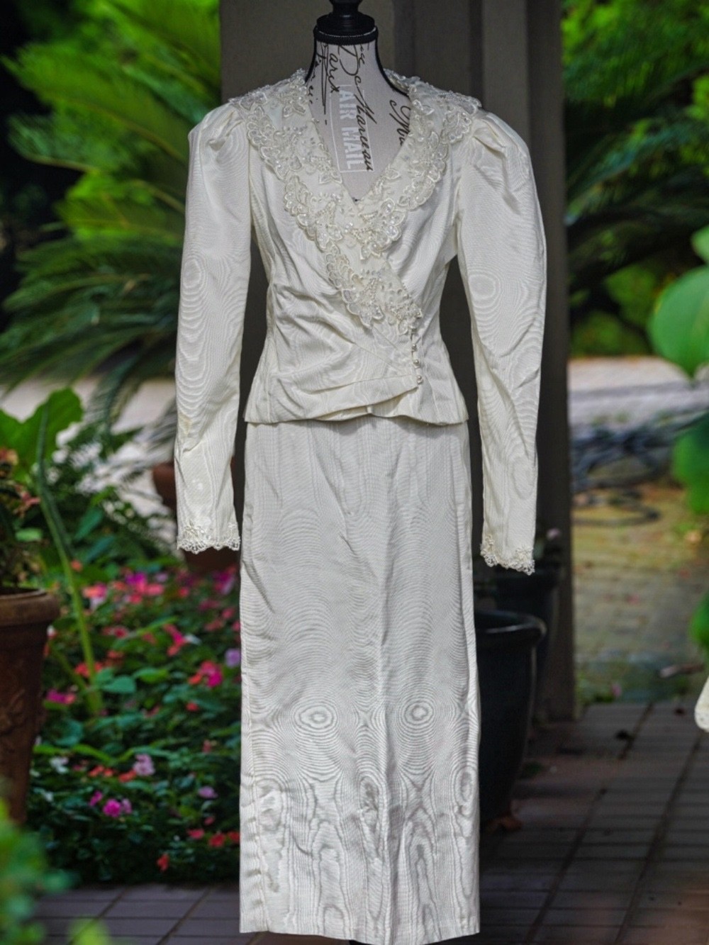 Vintage 1980s Ivory Beaded Jacket & Skirt Suit – Two-Piece Set