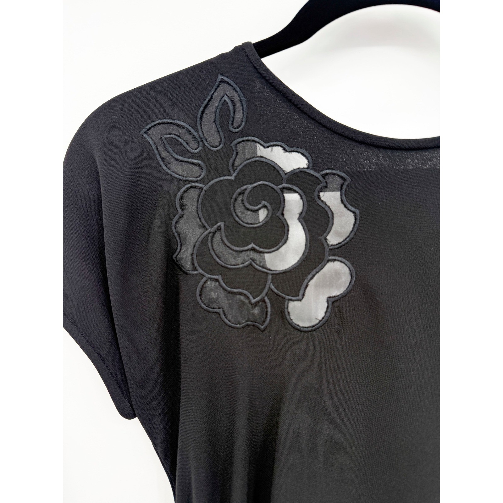 Vintage Maxi Dress Women Black Floral Hand-Sewn Translucent Flower Scoop Back