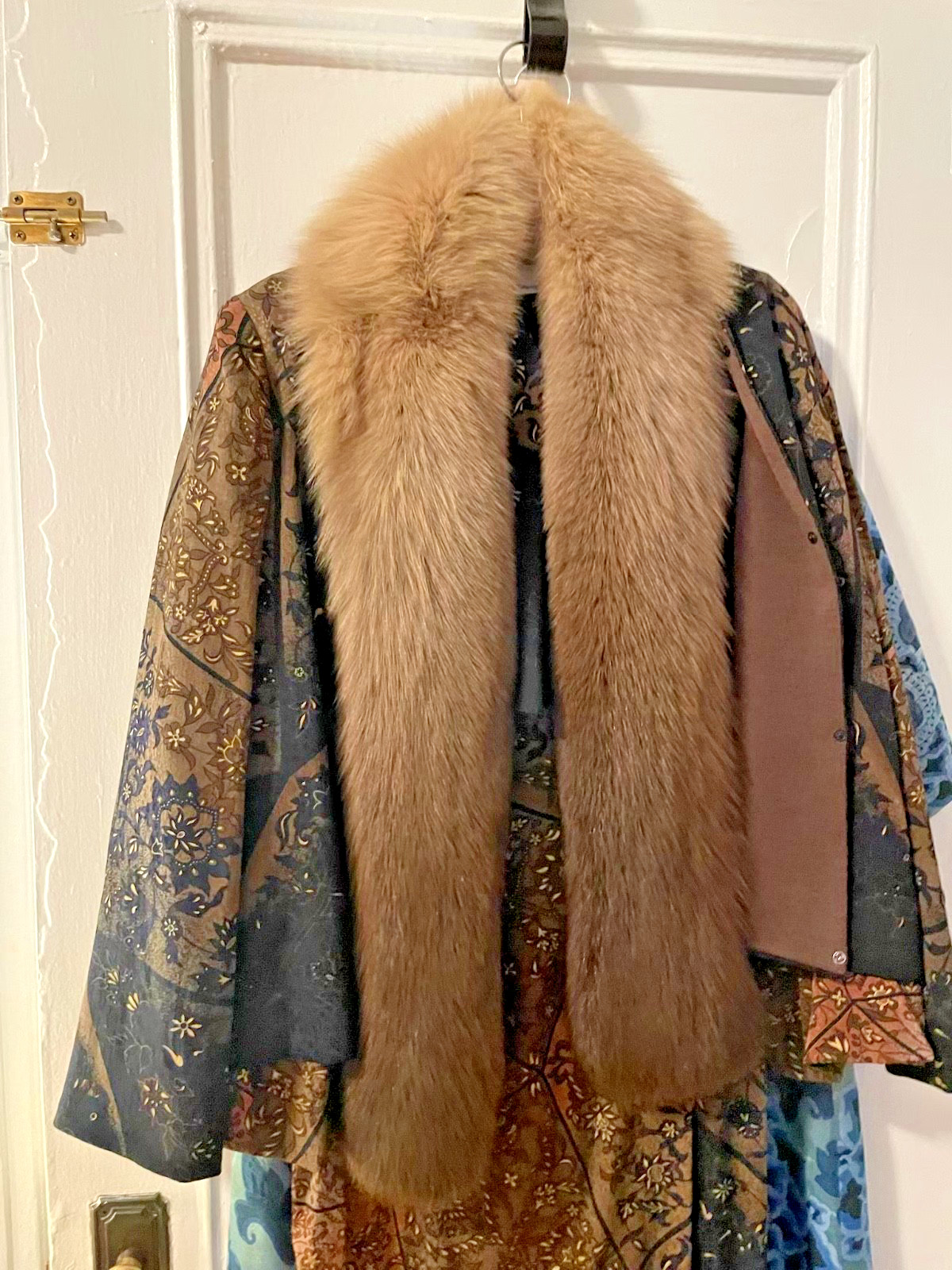 Vintage Pauline Trigere 1970s Silk Maxi Dress Matching Jacket Fox Fur Trim Set