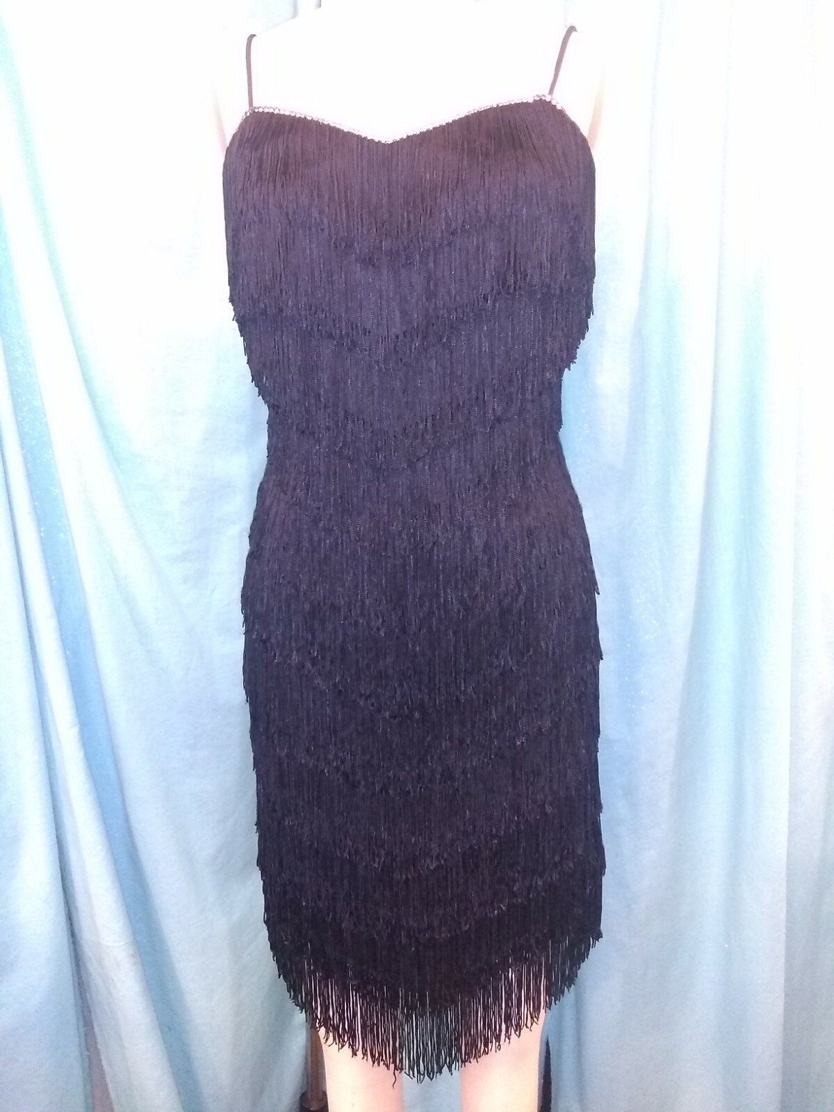 Vtg 20s Flapper 70s Dave & Johnny Joseph Lara Rhinestone Fringe DISCO mini Dress
