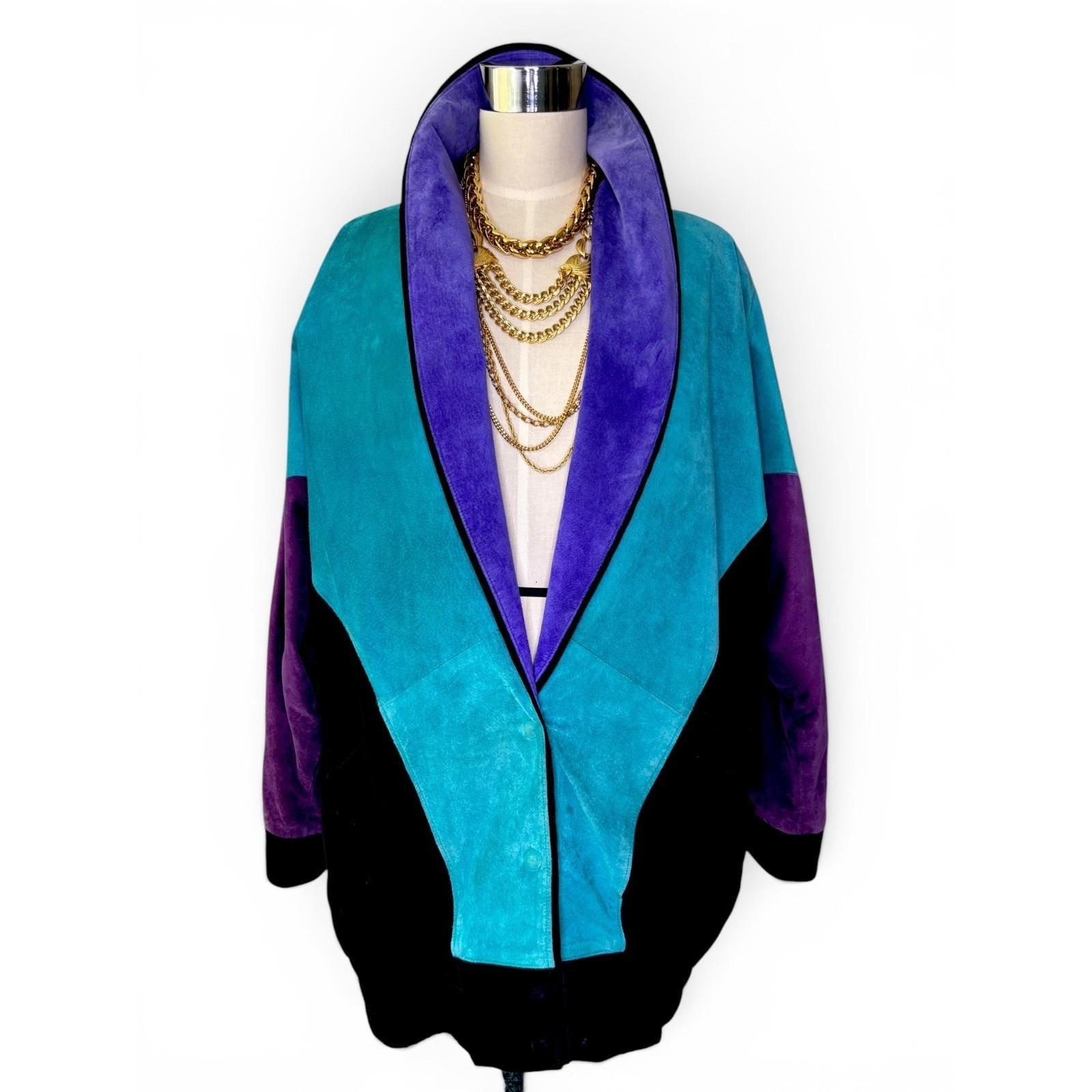 Rare Vintage Mary Hoffman Black, Teal, Purple Suede Color Block Suede Jacket M