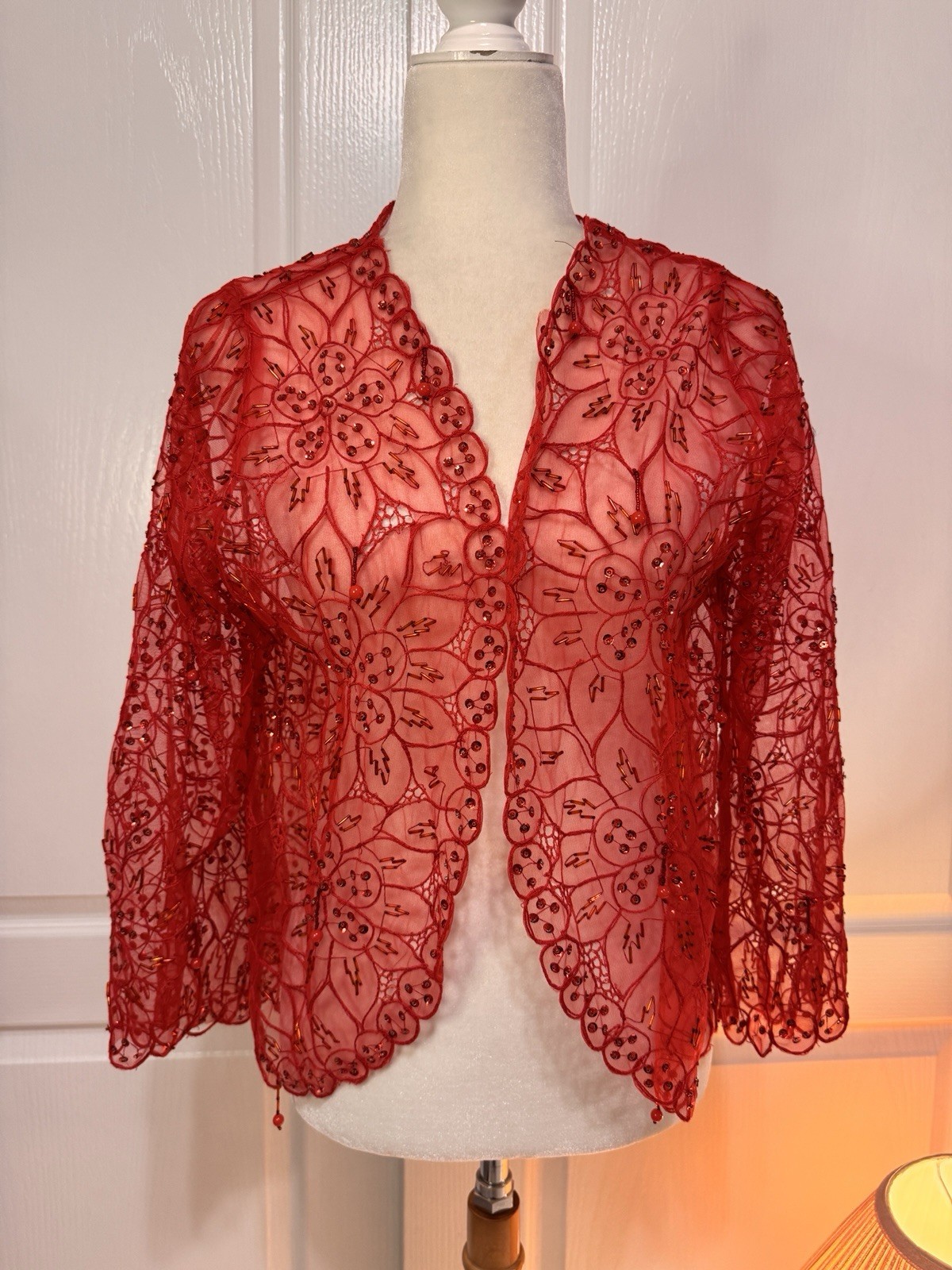 Vintage Red Beaded Mesh Cardigan Sheer Lace Sequin Shrug 90s Y2K Romantic Grunge