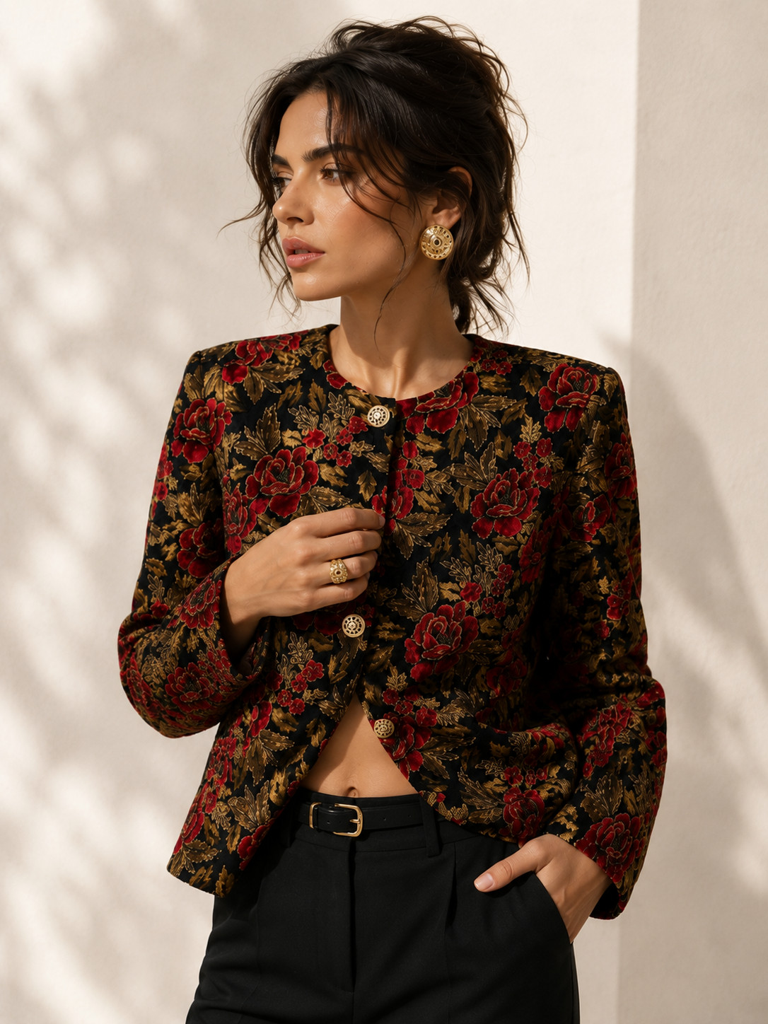 Vintage Baroque Floral Velvet Jacket Red Gold Black Tapestry Blazer Statement