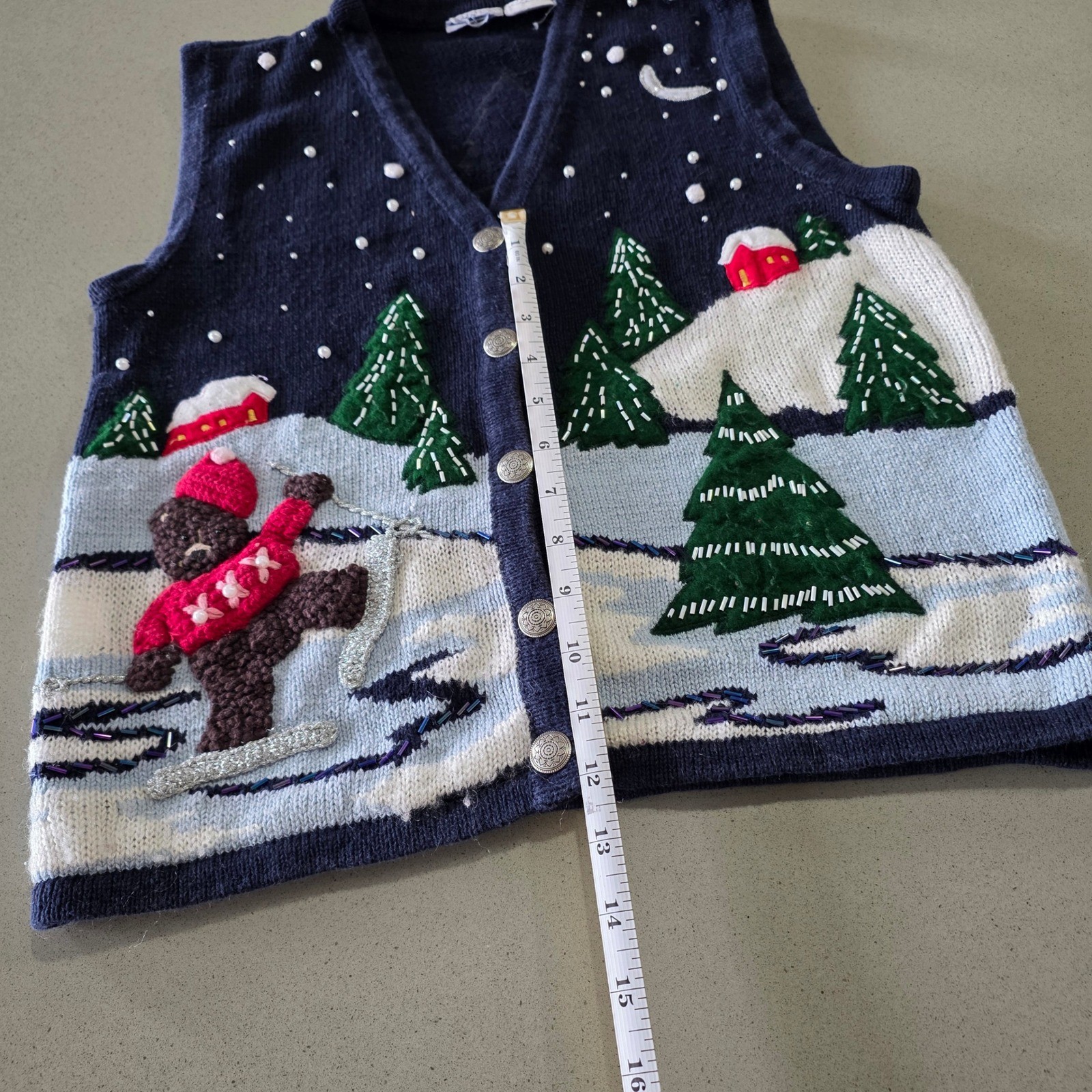 Vintage Winter Skiing Teddy Bear Sweater Vest Navy Blue Beaded Holiday Small