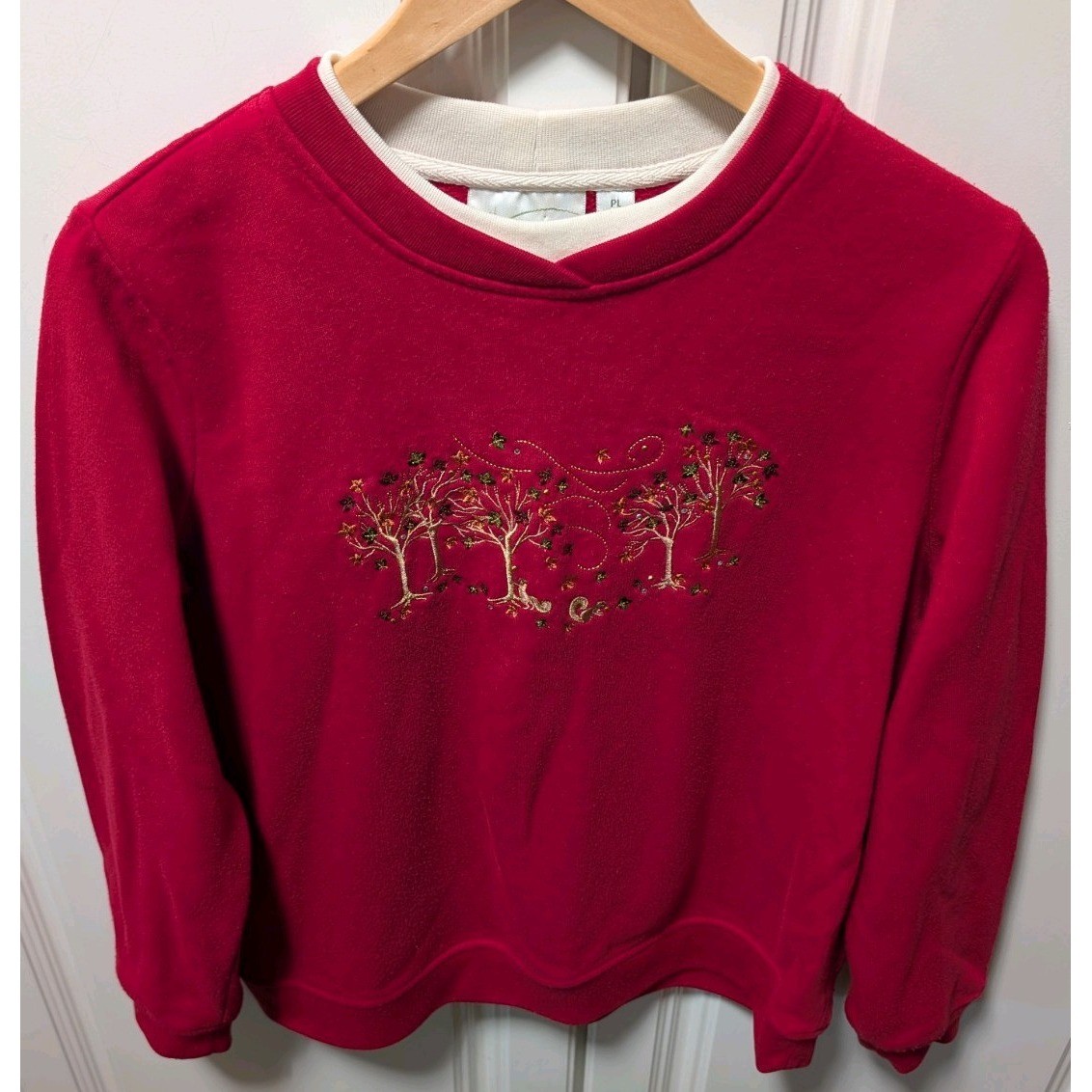VTG Studio Works Womens Petite LG Red Fall Crew Neck Pullover Embroidery Leaves