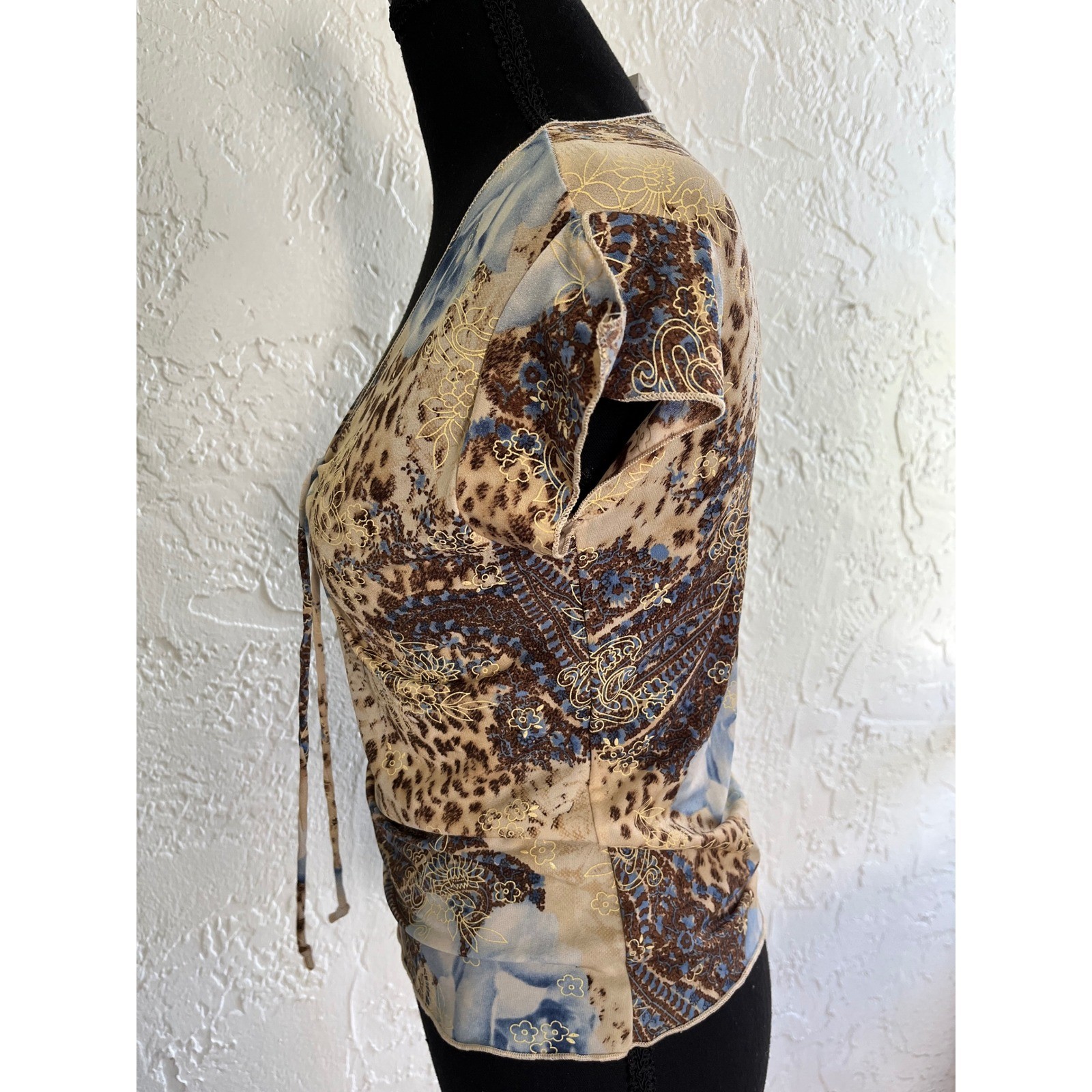 Vintage Rave Y2K Mixed Print Top Blue Rose Leopard Paisley V-Neck Tie Front M