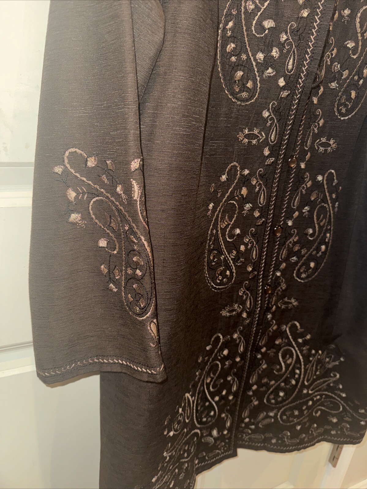 Silk Land Women’s 1X Silk/Rayon Embroidered/Beaded Brown Button Long Jacket Top