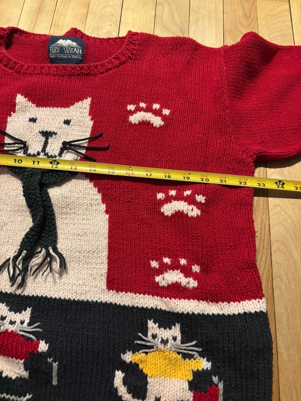 Vintage Rey Wear 100% Cotton Hand-Knit Sweater Cat Christmas Holiday winter XL