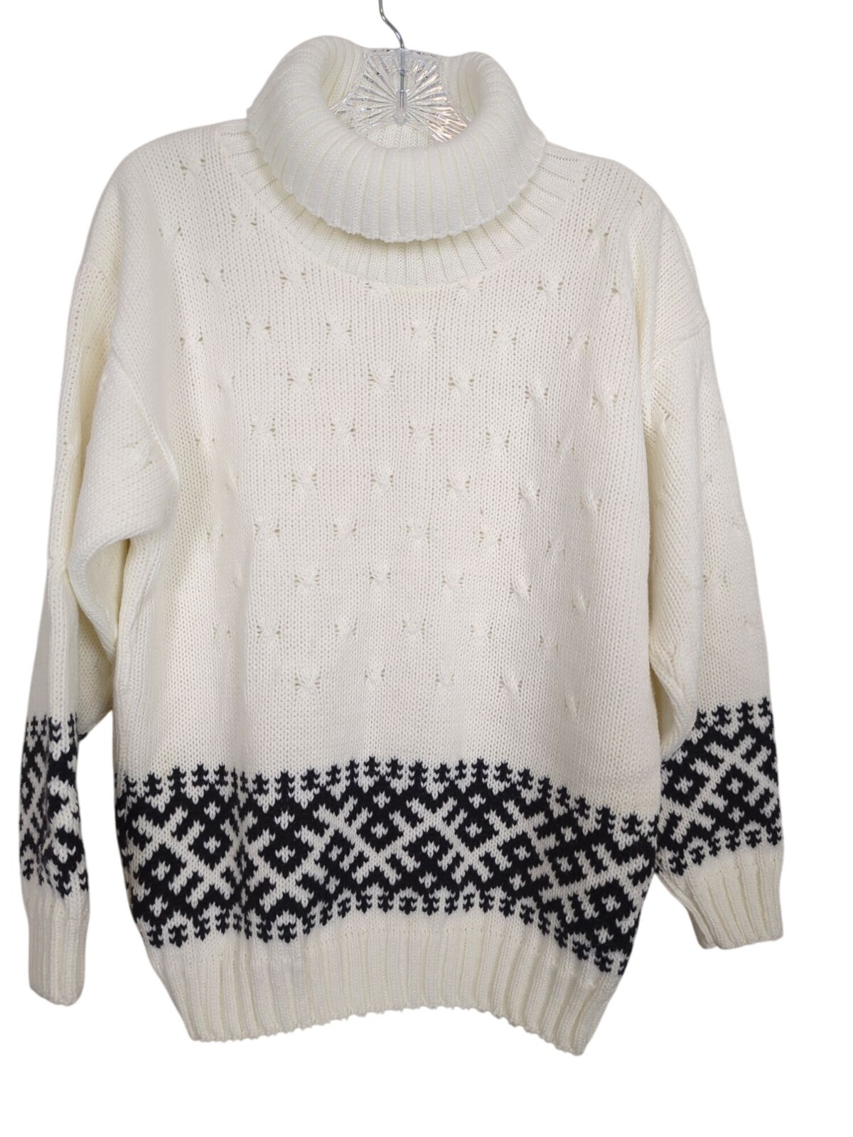 Vintage JOLIE Nordic Sweater With Turtleneck & Black Geometric Pattern sz M / L