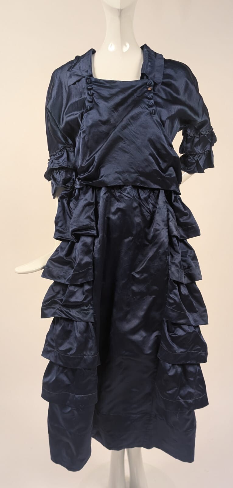 EDWARDIAN COBALT BLUE SILK DRESS W TIERED RUFFLED SKIRT