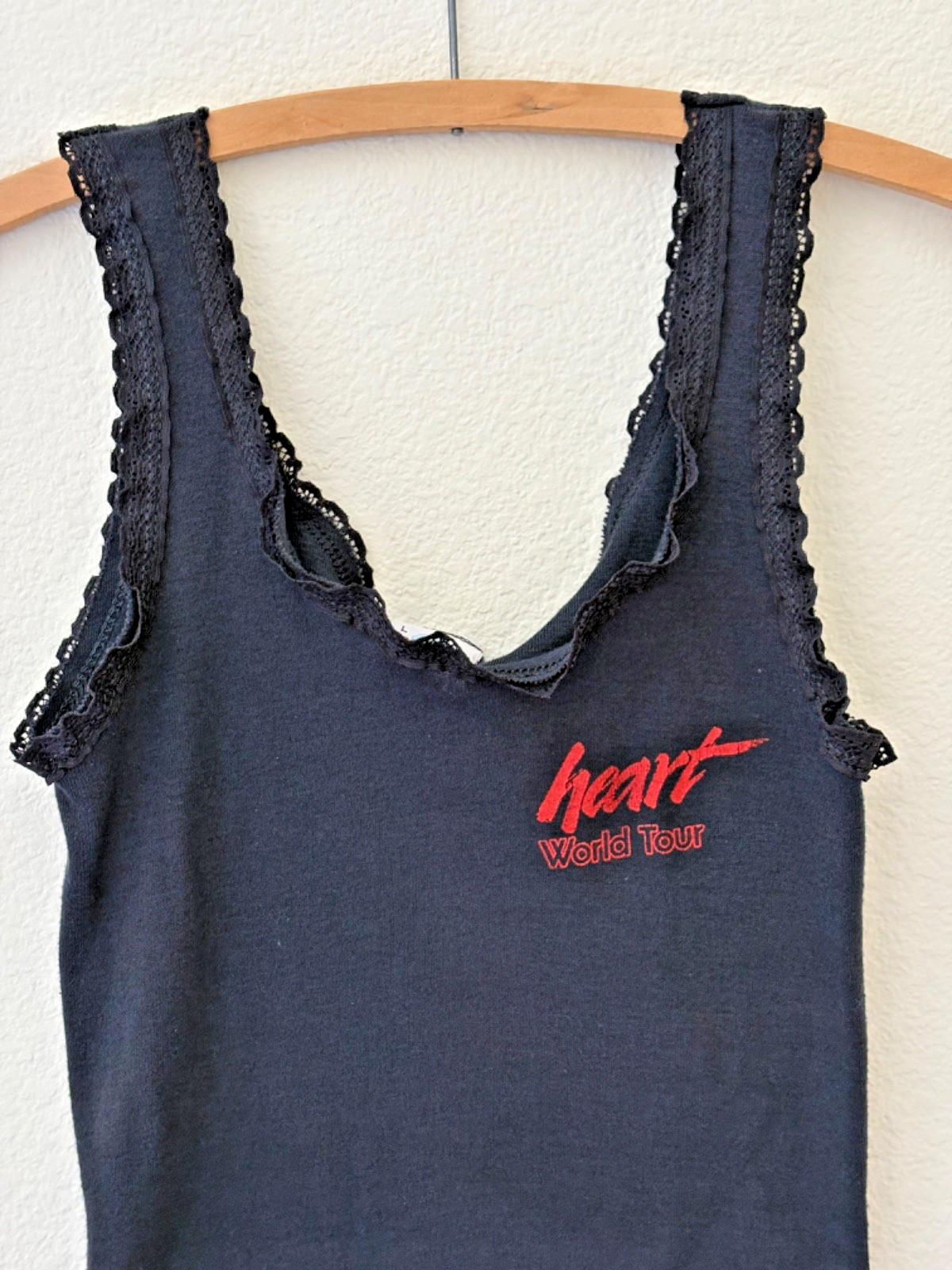 Vintage 80s Heart the Band World Tour Lace Trim Black Tank top M/L Stretchy