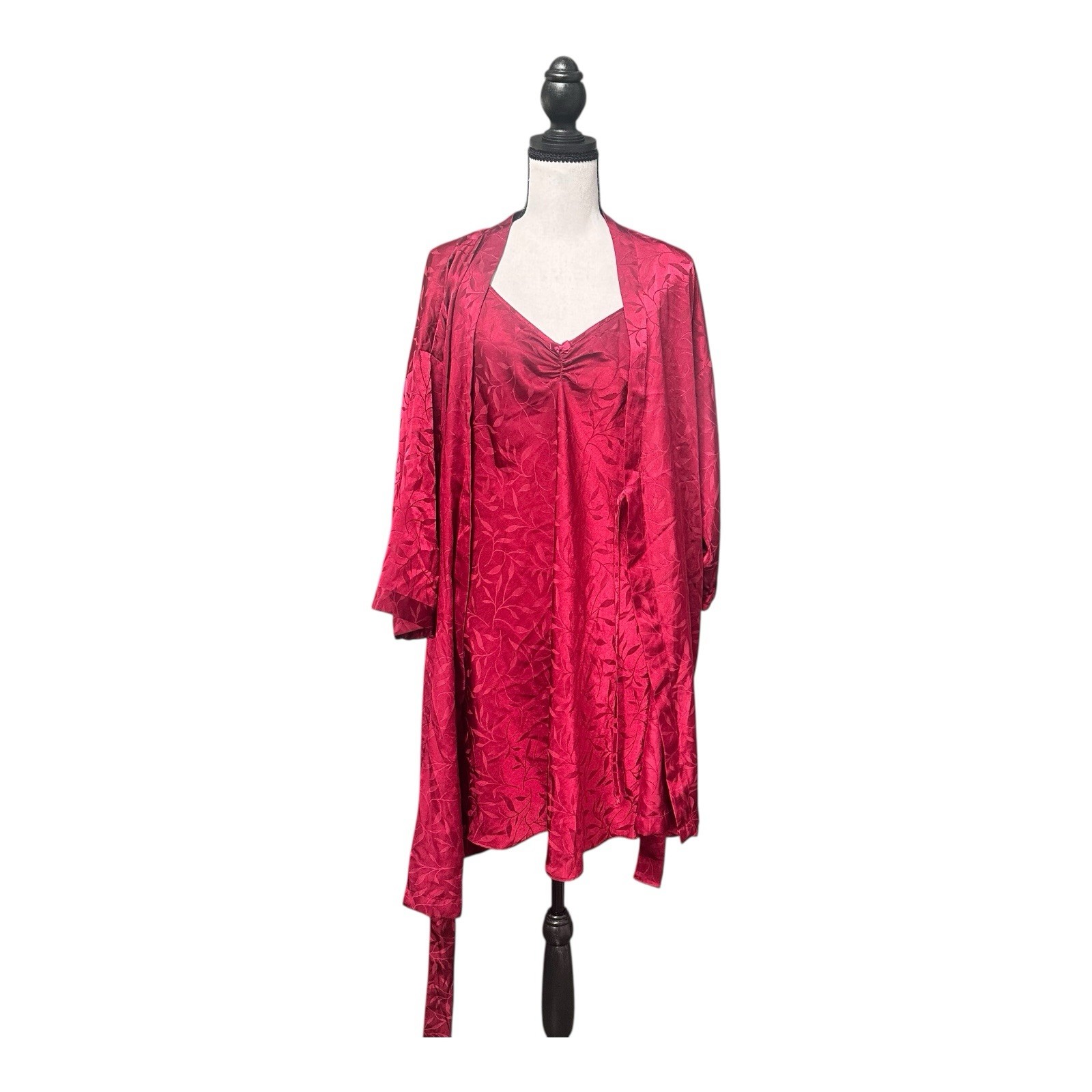 Vintage Sophia by Delicates Red Satin Robe & Nightgown Set M Floral Jacquard