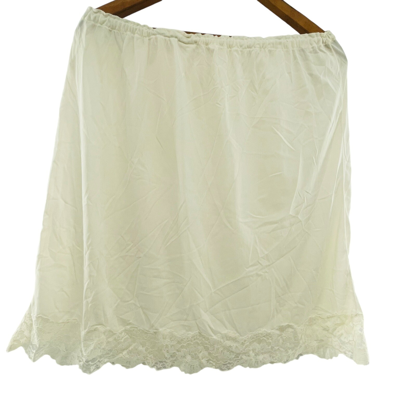 Vtg LOOMCRAFT White Half Slip Floral Embroidered Lace Silky Nylon Lace L USA