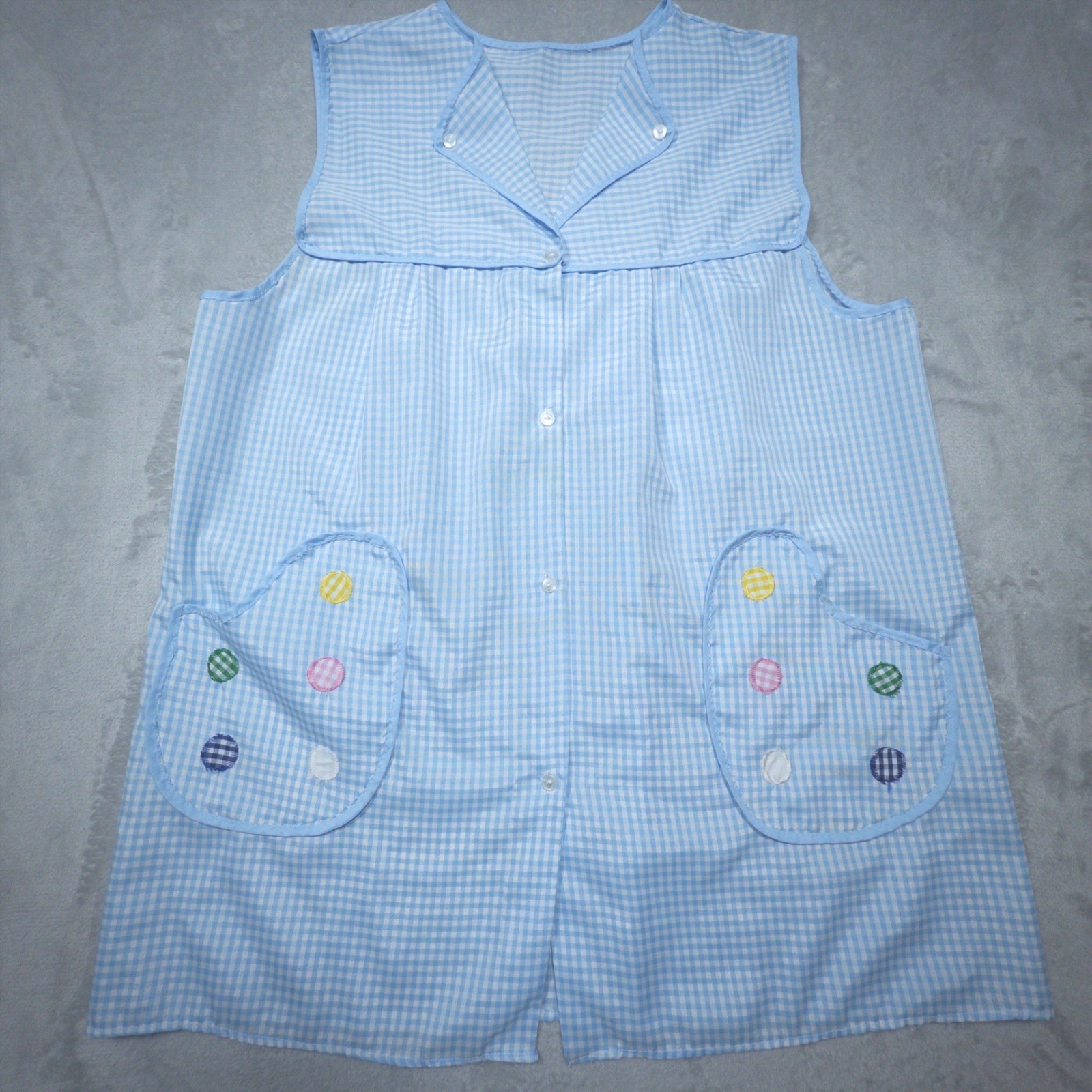 Vintage 1960s Blue Gingham Cotton Smock Top Polka Dot Pockets XL House dress