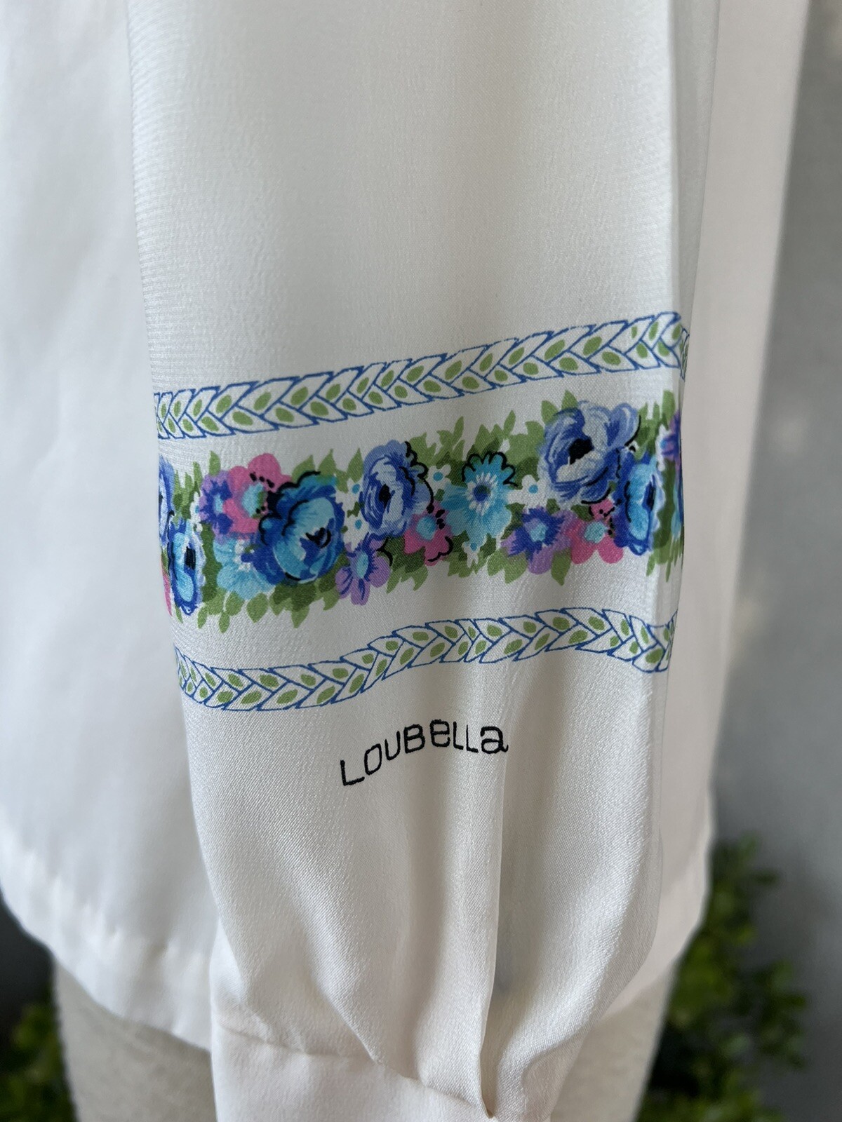 Vtg Blouse sheer white pink blue floral trim Small By Loubella
