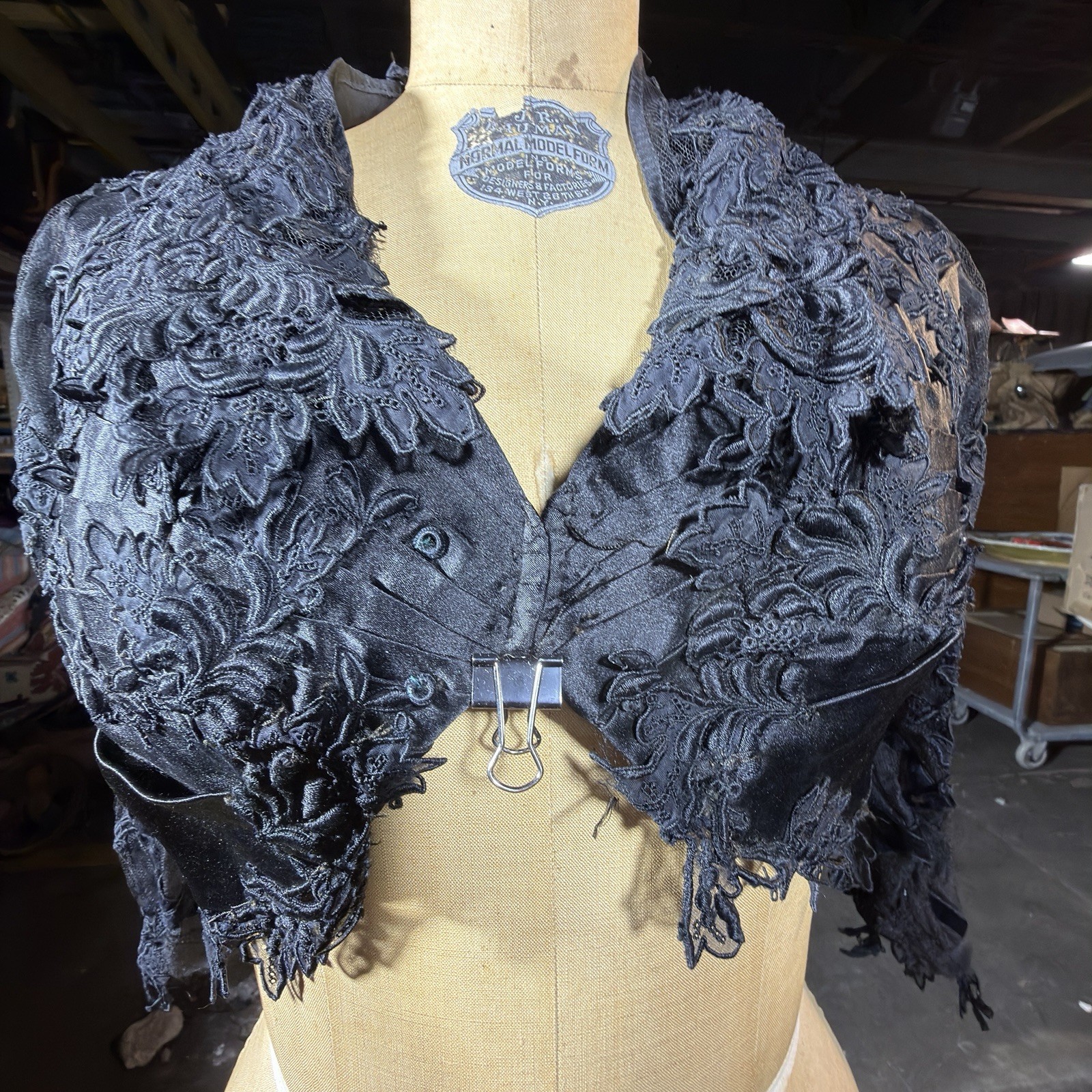 ANT/ VTG Edwardian Black Lace Satin Embroidered Sheer Bolero/Shrug 1890’s Goth
