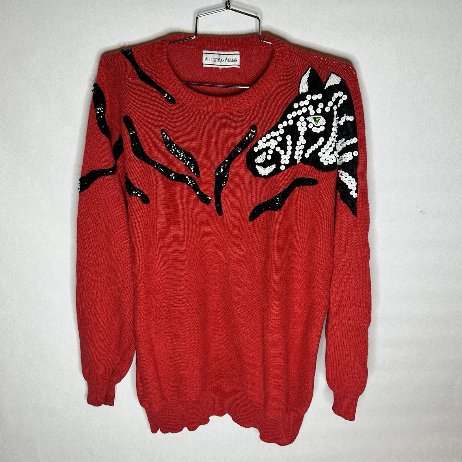 August Max Woman Vintage Zebra Sequin Beaded Red Knit Sweater Size L
