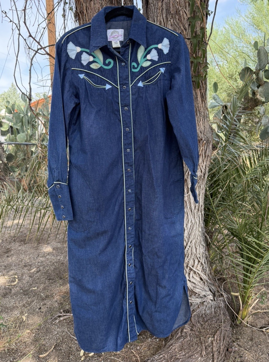 Vtg 70s Salaminder Kansas City Western Dress RARE Pearl Snap Flowers Blue Denim