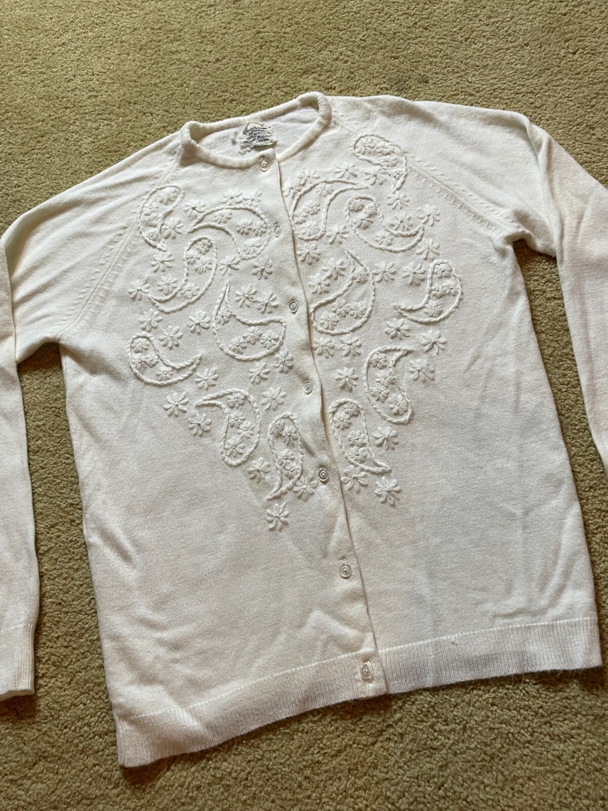 Vintage 60s Ivory Mid Century Acrylic Embellished Button Up Cardigan Sweater M