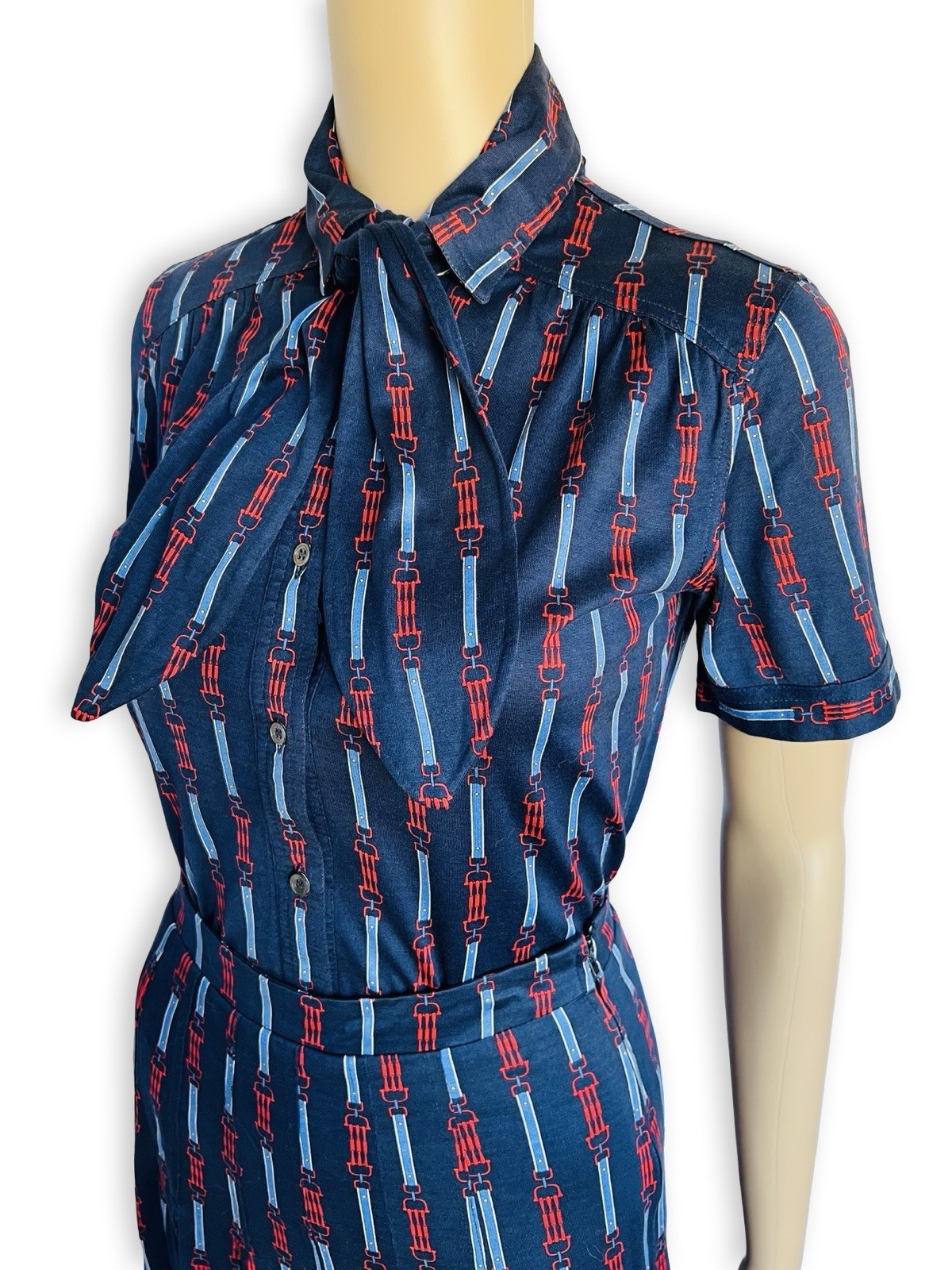 Vintage CÉLINE 1970s Equestrian Print Cotton Dress Two Piece Blouse Skirt Set XS