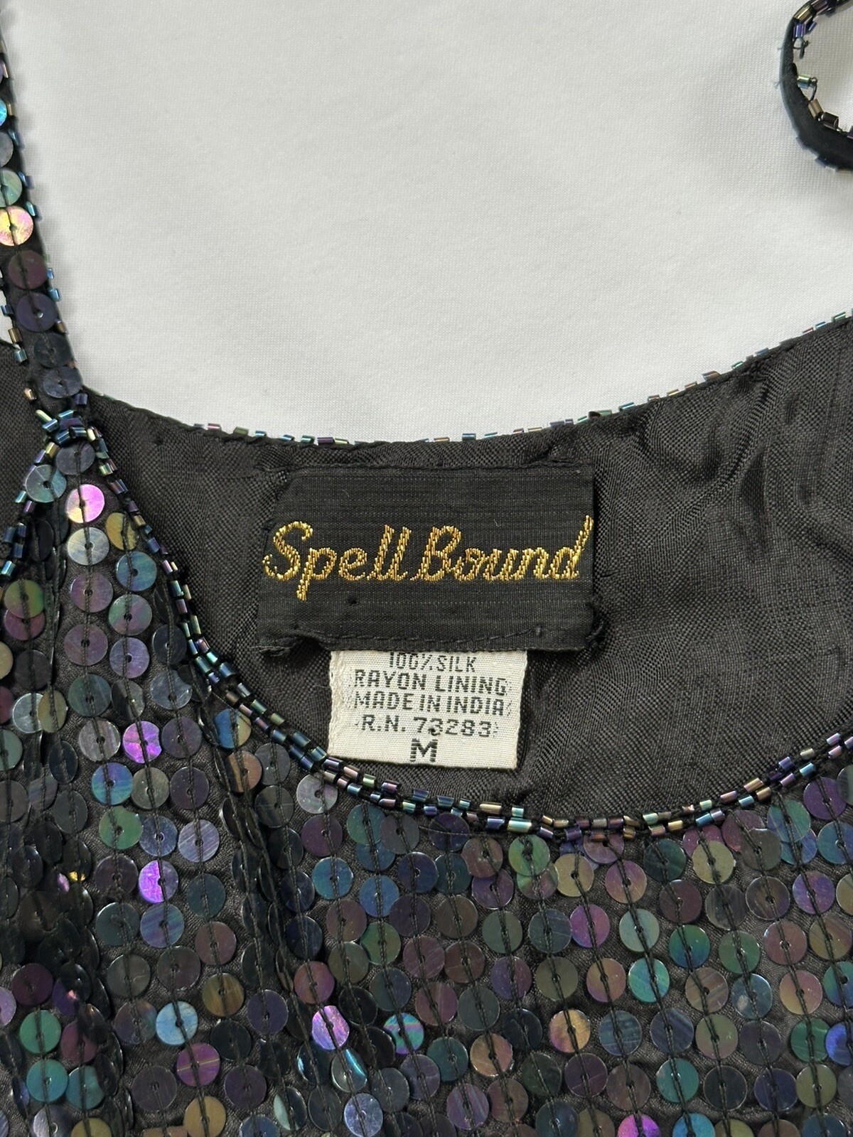 VTG 100% Silk Sequins Beaded Spaghetti Black Strap Top Spell Bound Size Medium