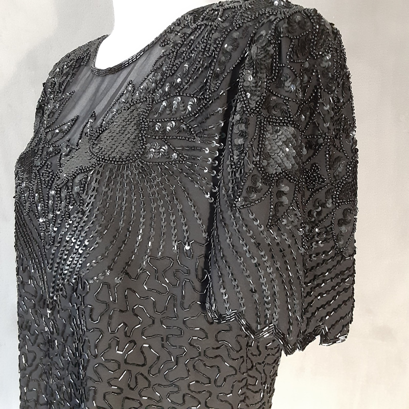 Laurence Kazar Black Beaded Formal V’ed Hem Top 1X (RUNS Small) New Vintage