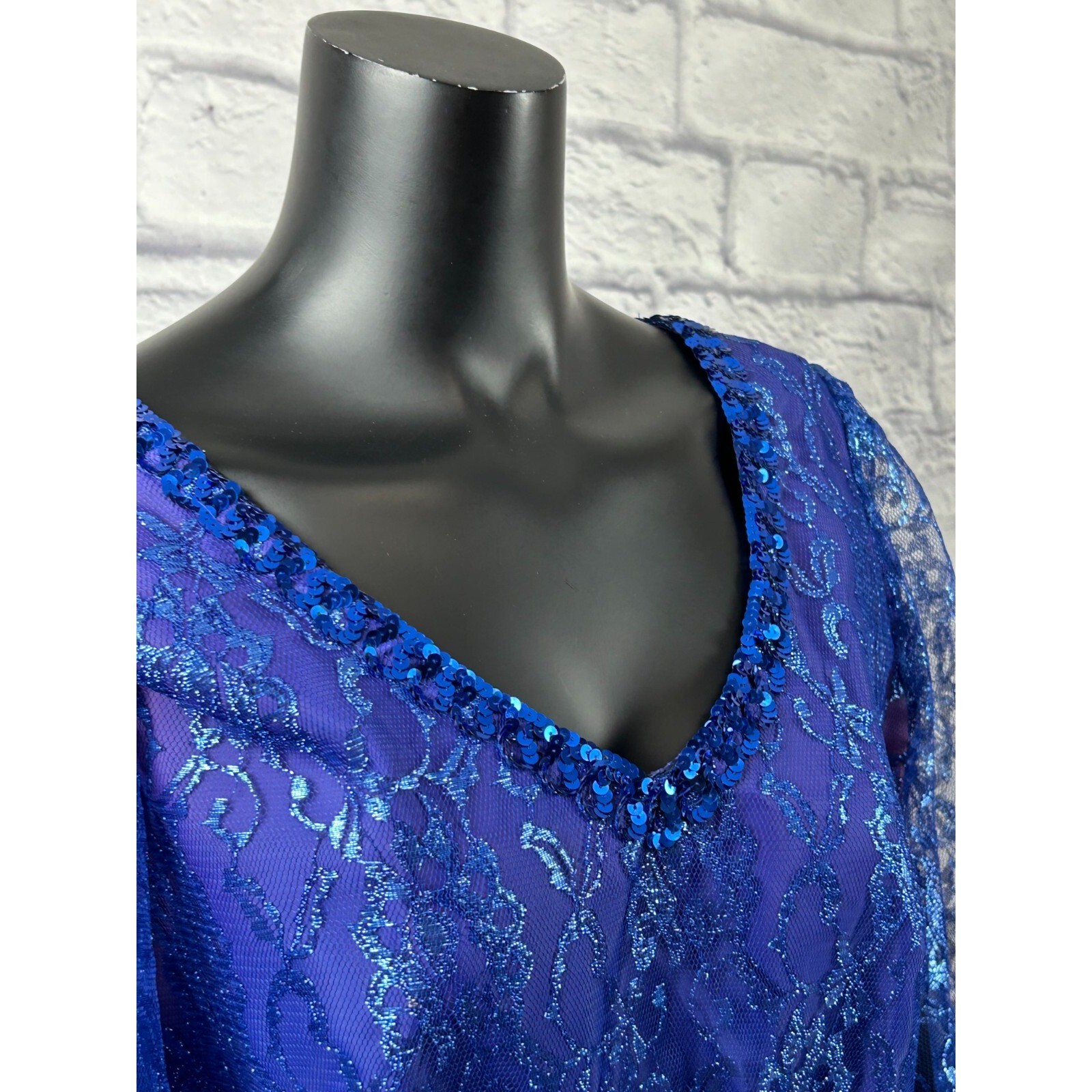 Mike Benet Formal Sequins Blue Lace Sheer V-Neck Evening Gown Dress Vtg 80s