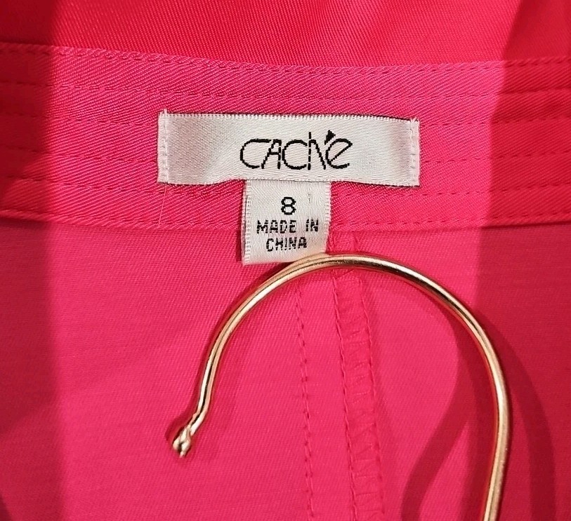 Vtg 90s/Y2K CACHE Dress 8 Pink Belted V Neck Short Sleeve Faux Wrap Gold Button
