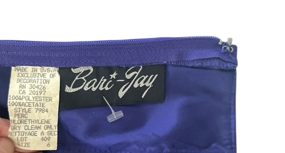 Vtg 80s Bari Jay Rhinestone Bow Party Dress 6 Made In USA Purple Sleeveless Mini