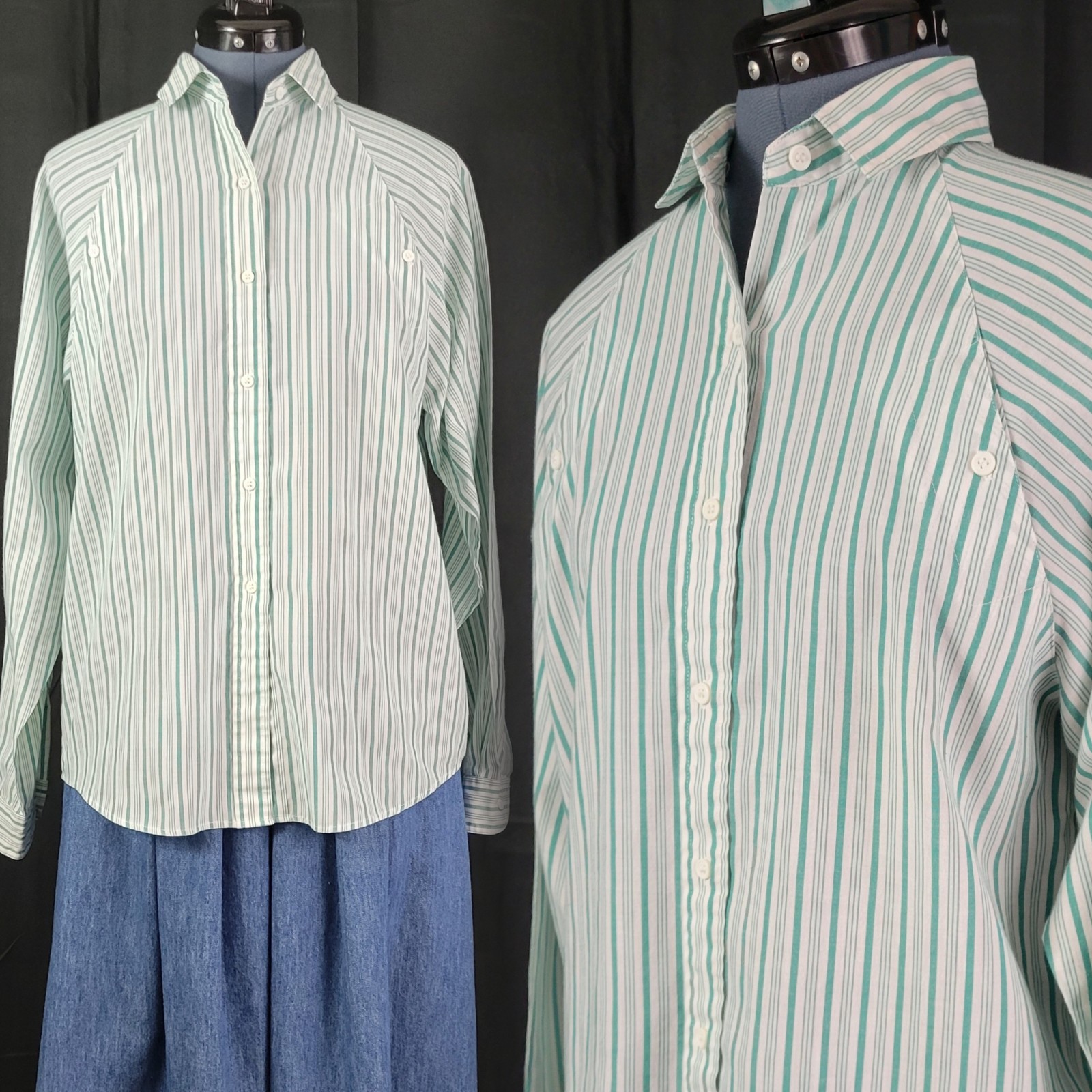 Vintage Easton Park Green & White Striped Top w Raglan Sleeves & Pockets Size 12