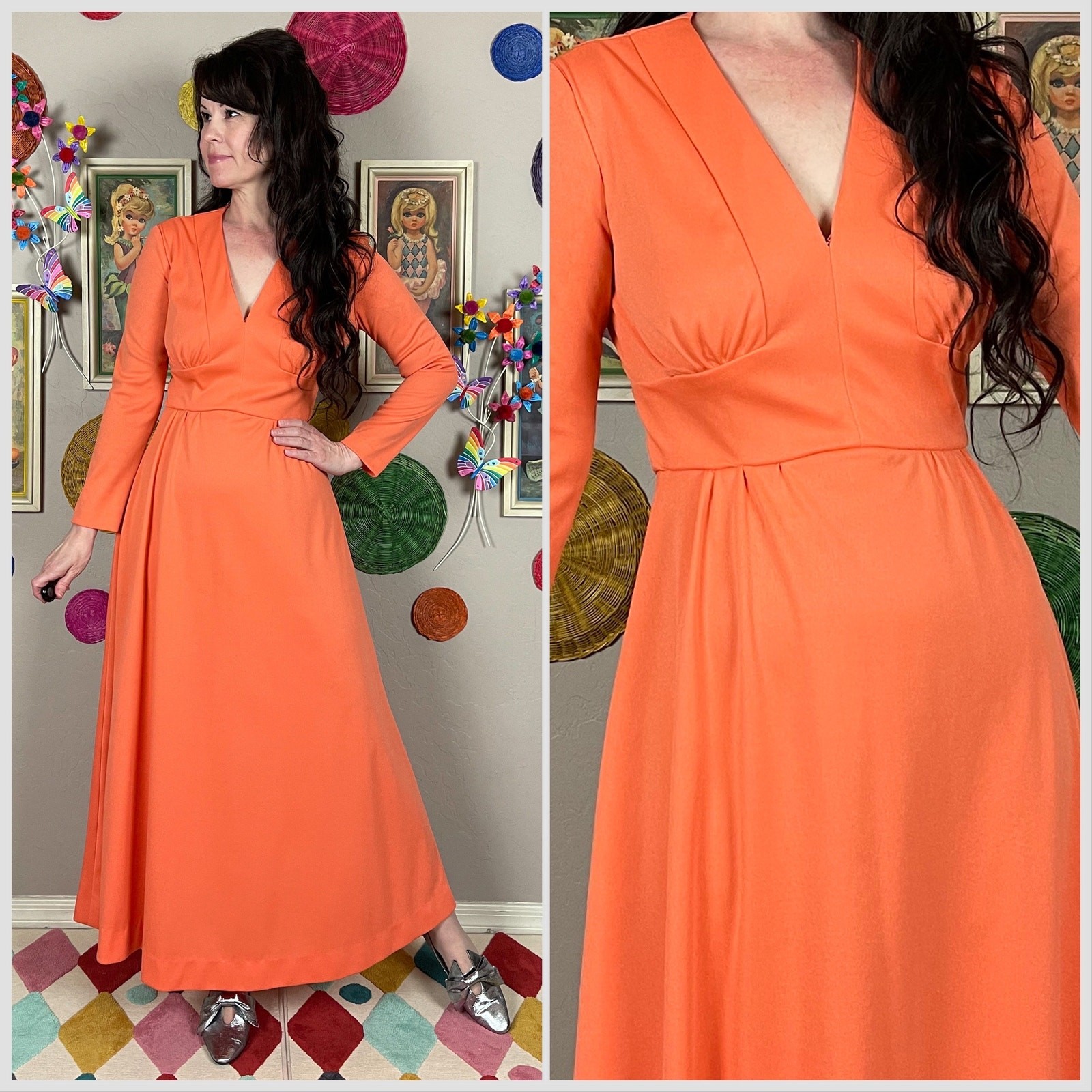 Vintage 1970s Tangerine Orange Long Sleeve Empire Waist Maxi Dress | 28″ Waist
