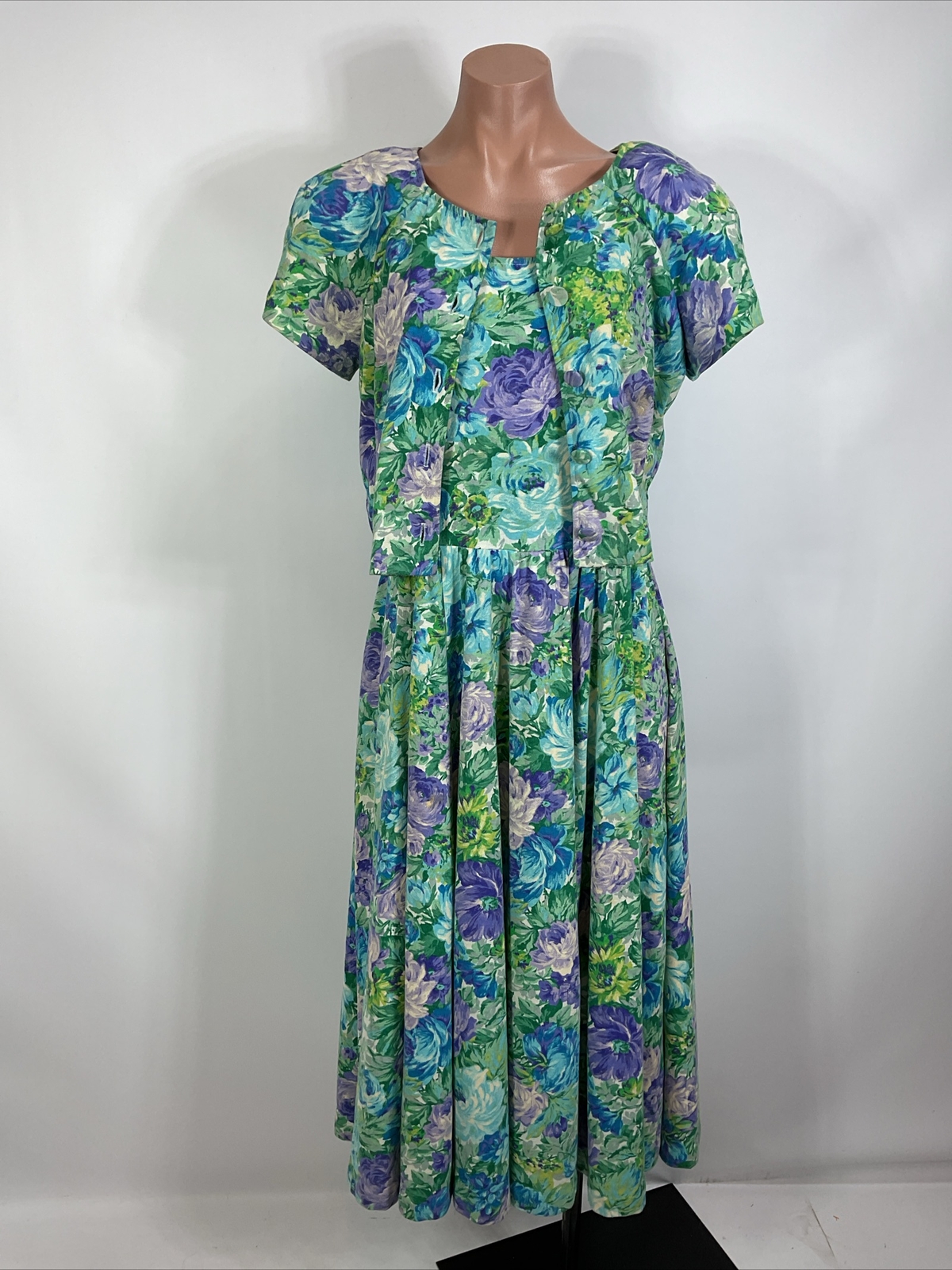 Vintage Expo Dress 80s Floral Sundress Puff Sleeve Cardigan Set Cottagecore Sz 8