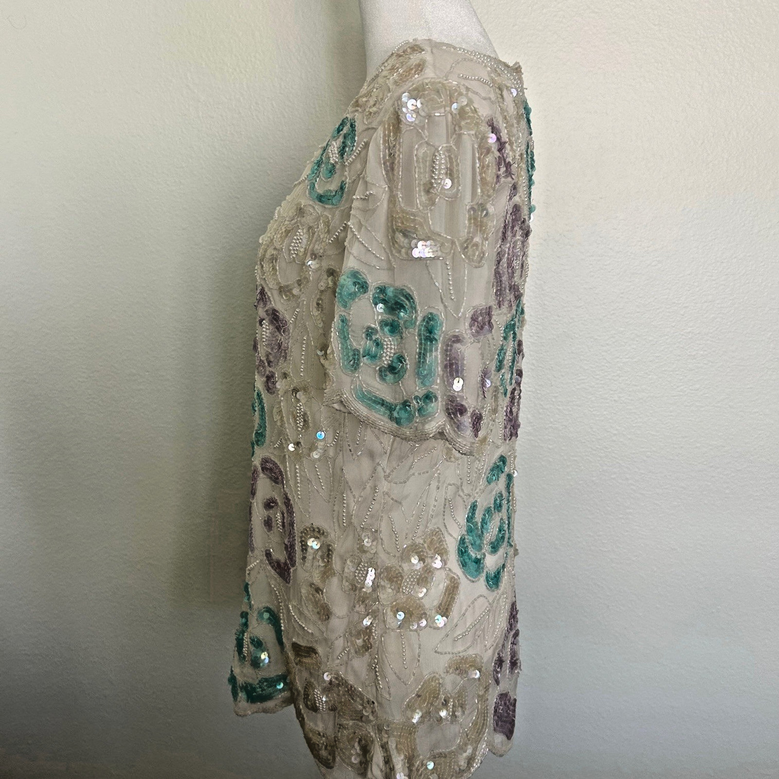 Papell Evening Silk Blouse Womens L Ivory Sequin Beaded Floral Vintage VNeck