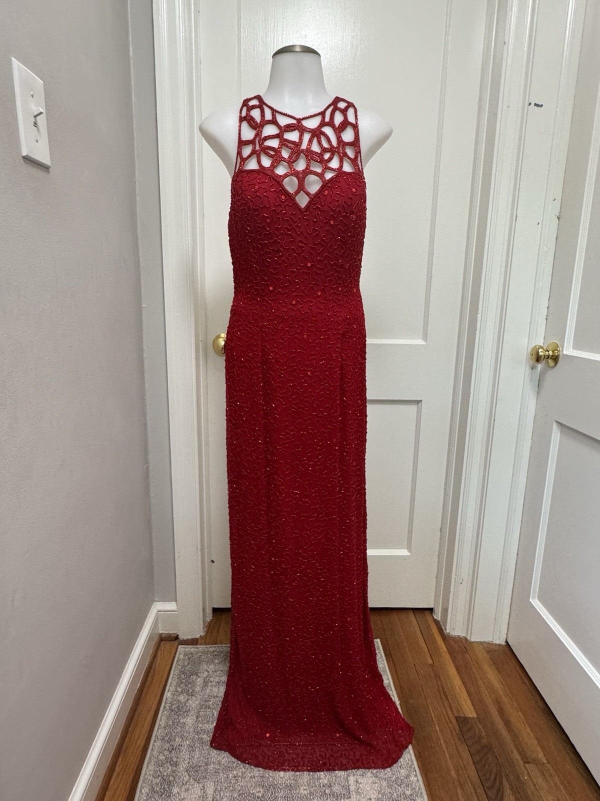 Sean Collection Vintage 90s Red Sequin Silk Gown Beaded Cage Back Formal L