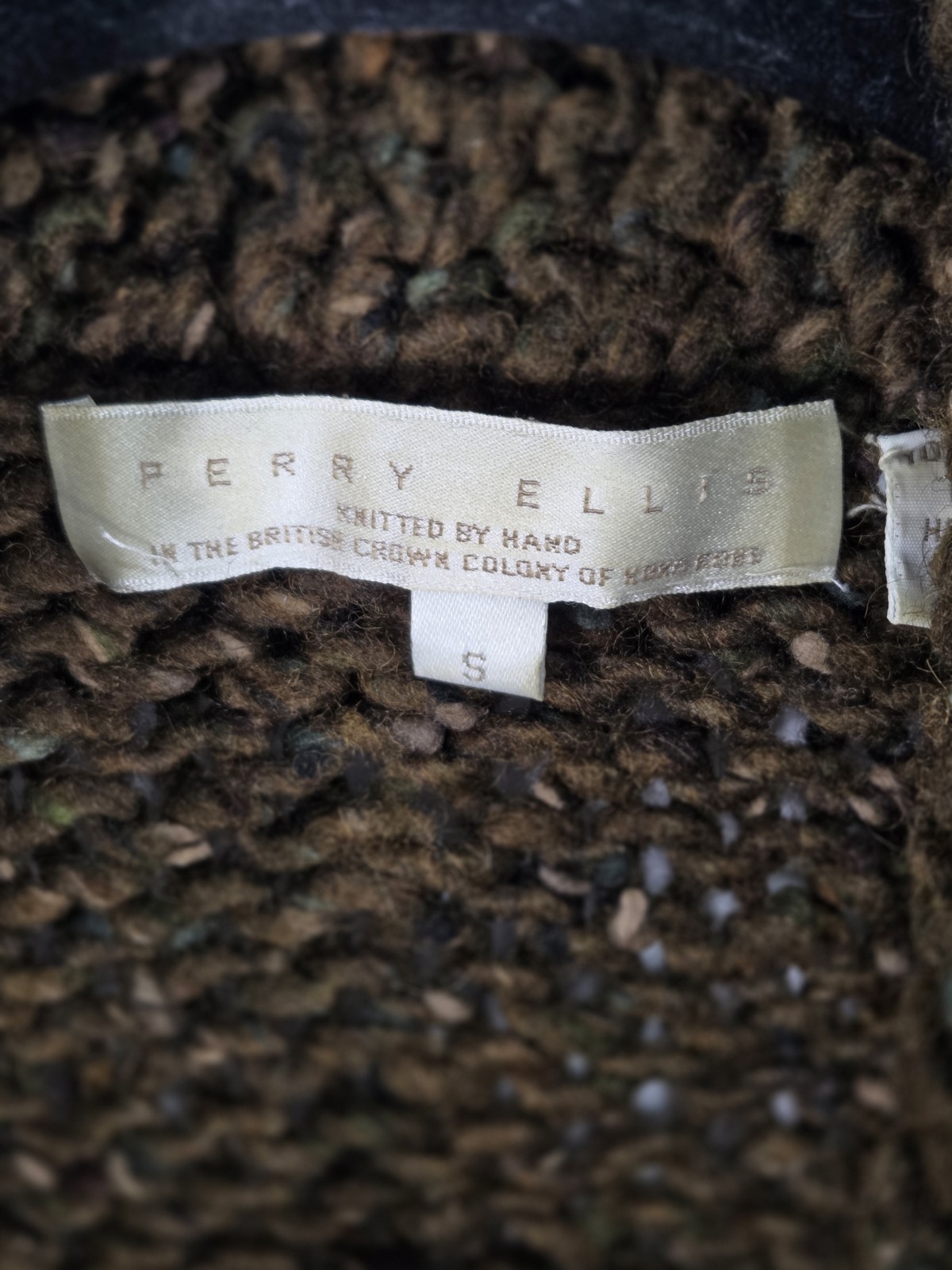Vintage Women’s Perry Ellis Handknit Wool Belted Cardigan Olive Brown Size S