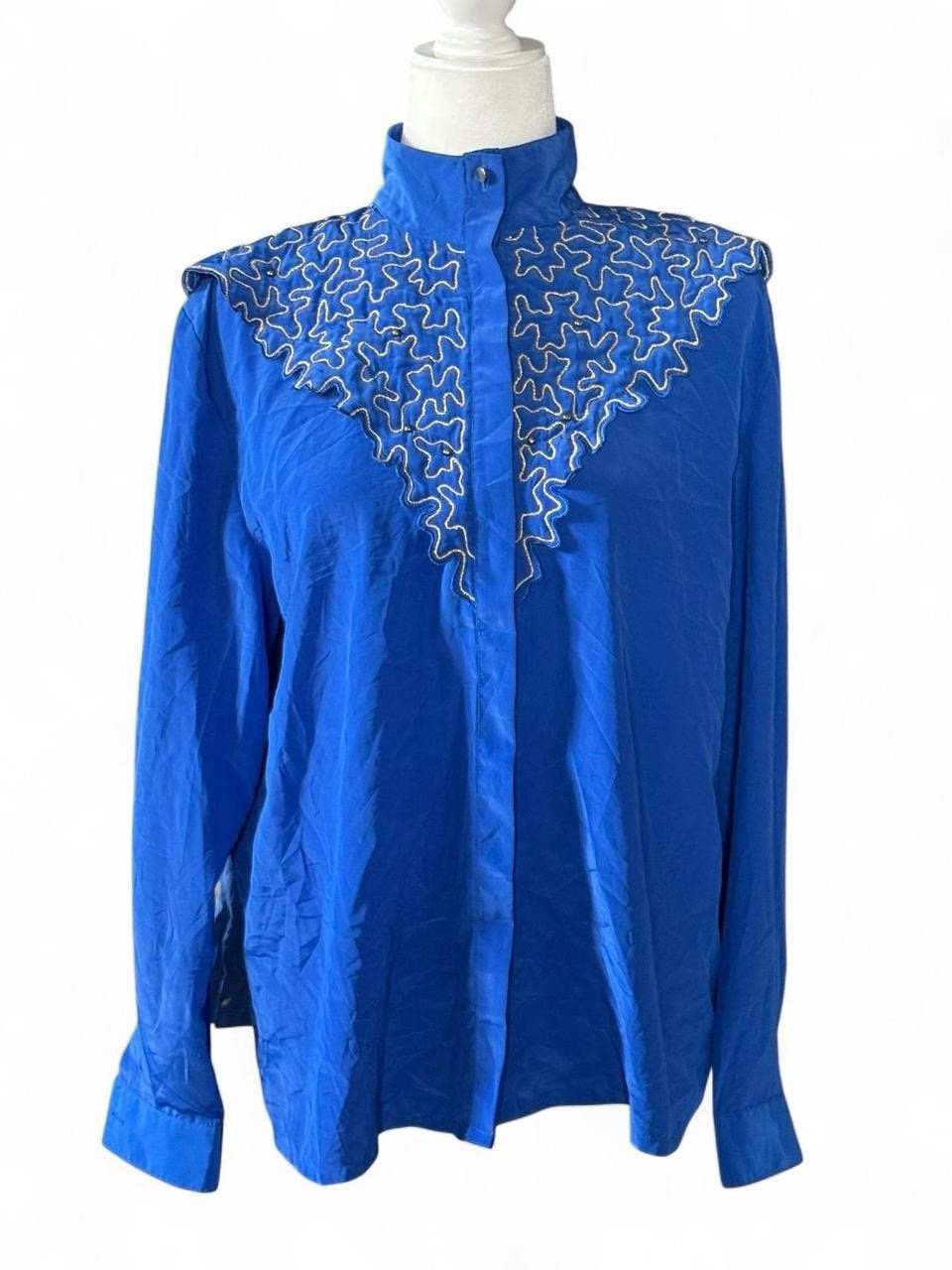Oleg Cassini Vintage Royal Blue Embroidered Blouse Sz 10