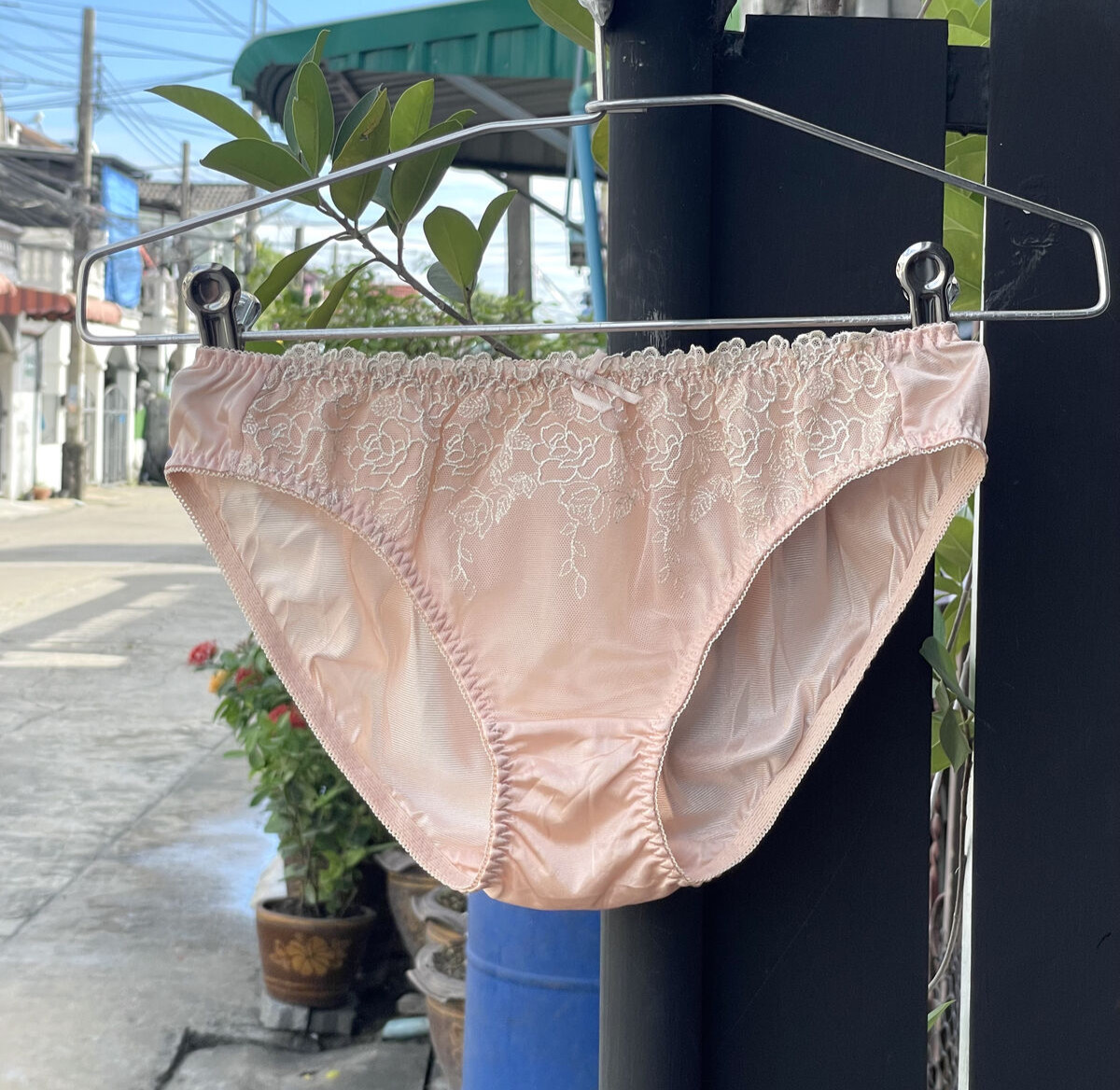 Vintage Pale Orange Sheer Polyester Nylon Panty Sz.7/L Cute Lace Slippery Briefs