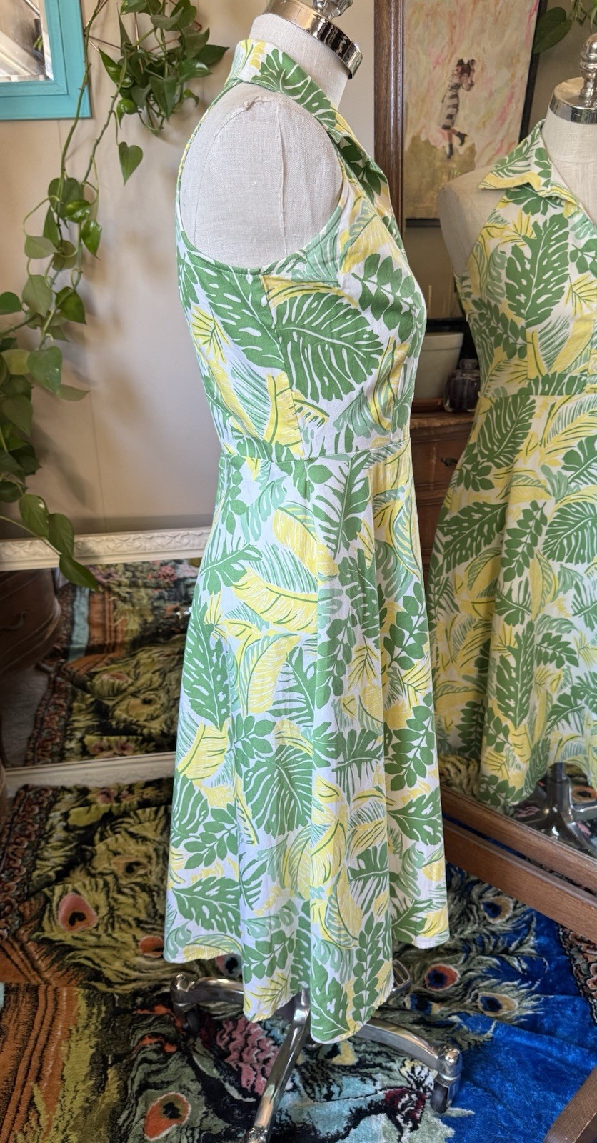 Vintage 1990s Women’s DBY Yellow & Green Leaves Fit & Flare Dress Size 7/8